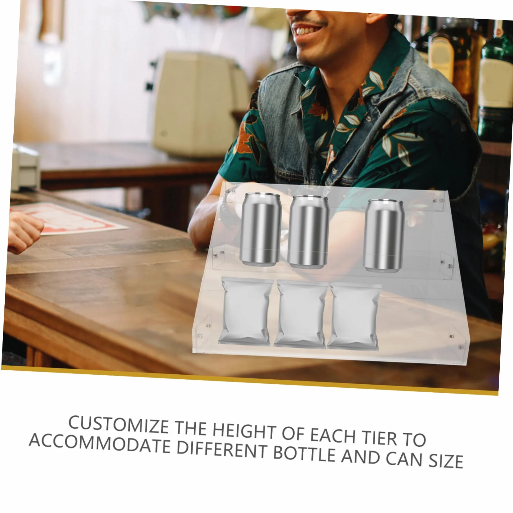 Estante acrílico para exhibición de bebidas, estante de almacenamiento de escritorio para bebidas y aperitivos, tienda minorista perfecta y elegante escaparate para productos de mercado
