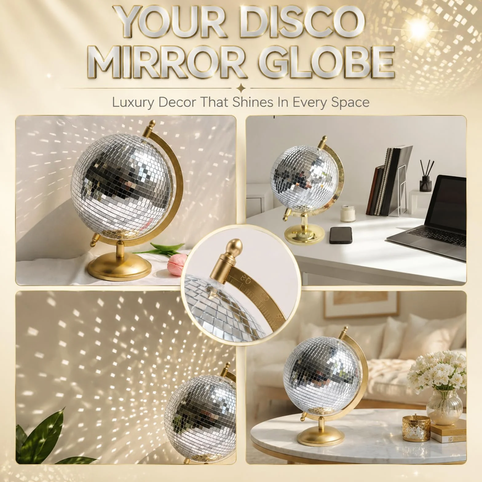 Discokugel Globo Decoración Hogar Estatuas Clásicas Arte De Mesa Escultura Dorada Única Occidental Moderna Ornamentación Figura Estética 17 x 15 x 23 cm Brillan