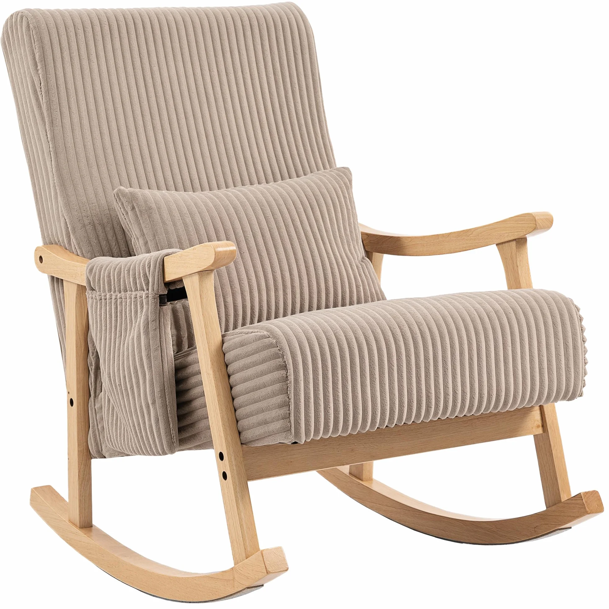 HOMCOM Silla Mecedora, Mecedora de Pana con Cojín Lumbar, Patas y Reposabrazos de Madera, Asiento Ancho, Bolsillo, Estilo Moderno, Sillón de Relax, Carga 120 kg, para Dormitorio, Salón, Marrón Claro