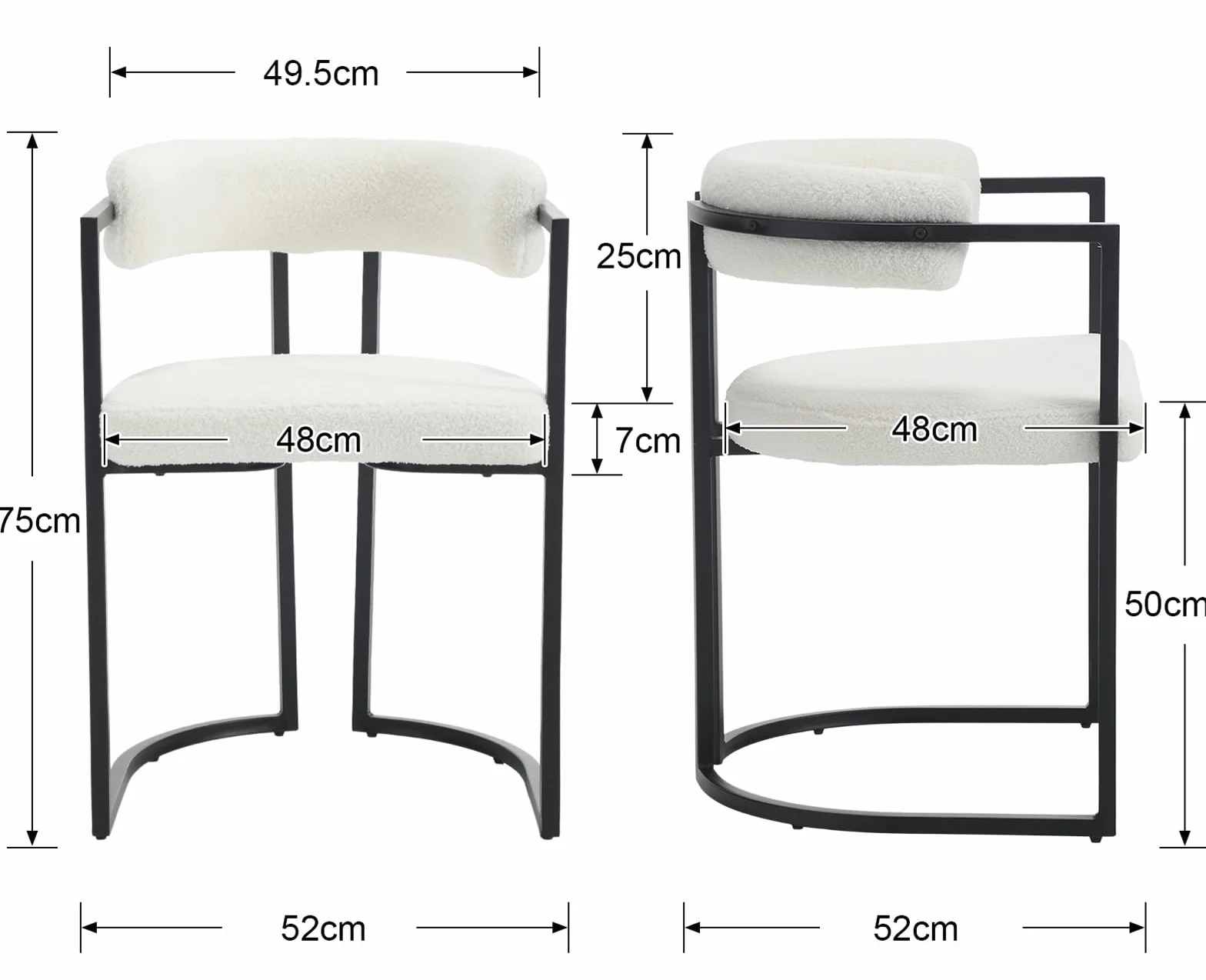 chairus Juego de 2 Sillas de Comedor de Lana Sintética Silas Laterales con Respaldo Curvado, Silla de Cocina con Marco de Metal Silla Decorativa Moderno para Hogar/Restaurante, Blanco