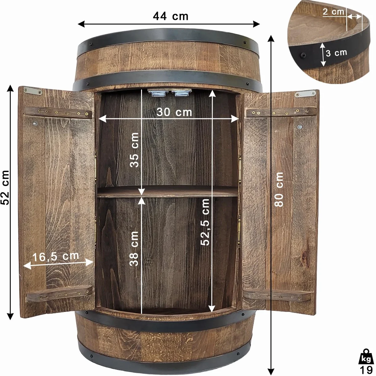 Barril de madera con 2 puertas e iluminación LED, barril de vino de 80 x 50 cm – Armario de bar hecho a mano Botellero Bar Casa Bar Vintage Bar Pared Estantería Madera Whisky Vino Cerveza – Mesa de