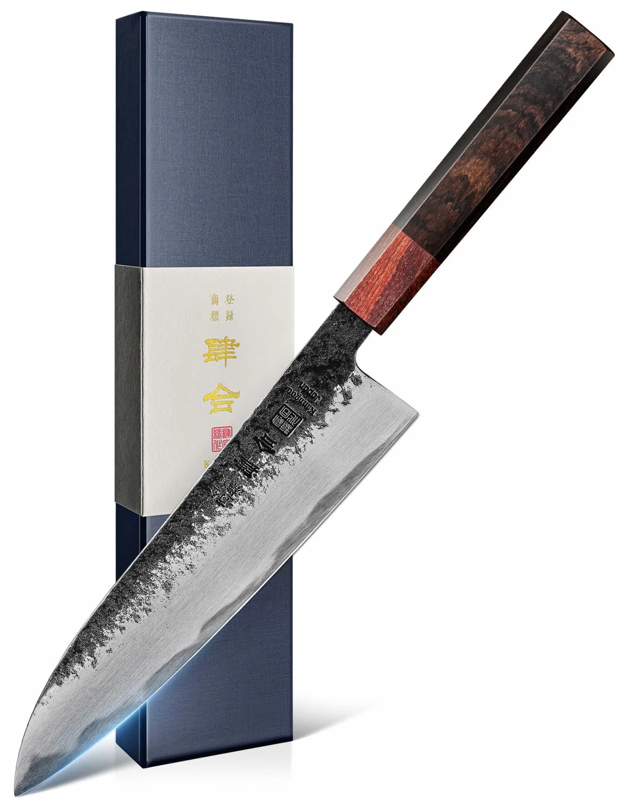 kanngou Cuchillos Japoneses Gyuto, 21cm Cuchillo Cocina de Acero Inoxidable con Madera de Ébano y Mango de Sándalo Rojo, Cuchillo Japonés Profesional con Caja de Regalo Premium