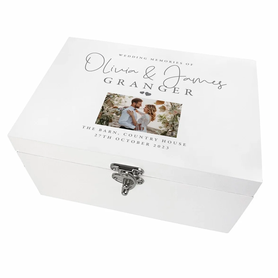 Caja de recuerdos de boda personalizada de lujo, color blanco, línea superior, nombres personalizados, apellidos, ubicación y fecha, regalo de boda, 27 x 19 x 14 cm