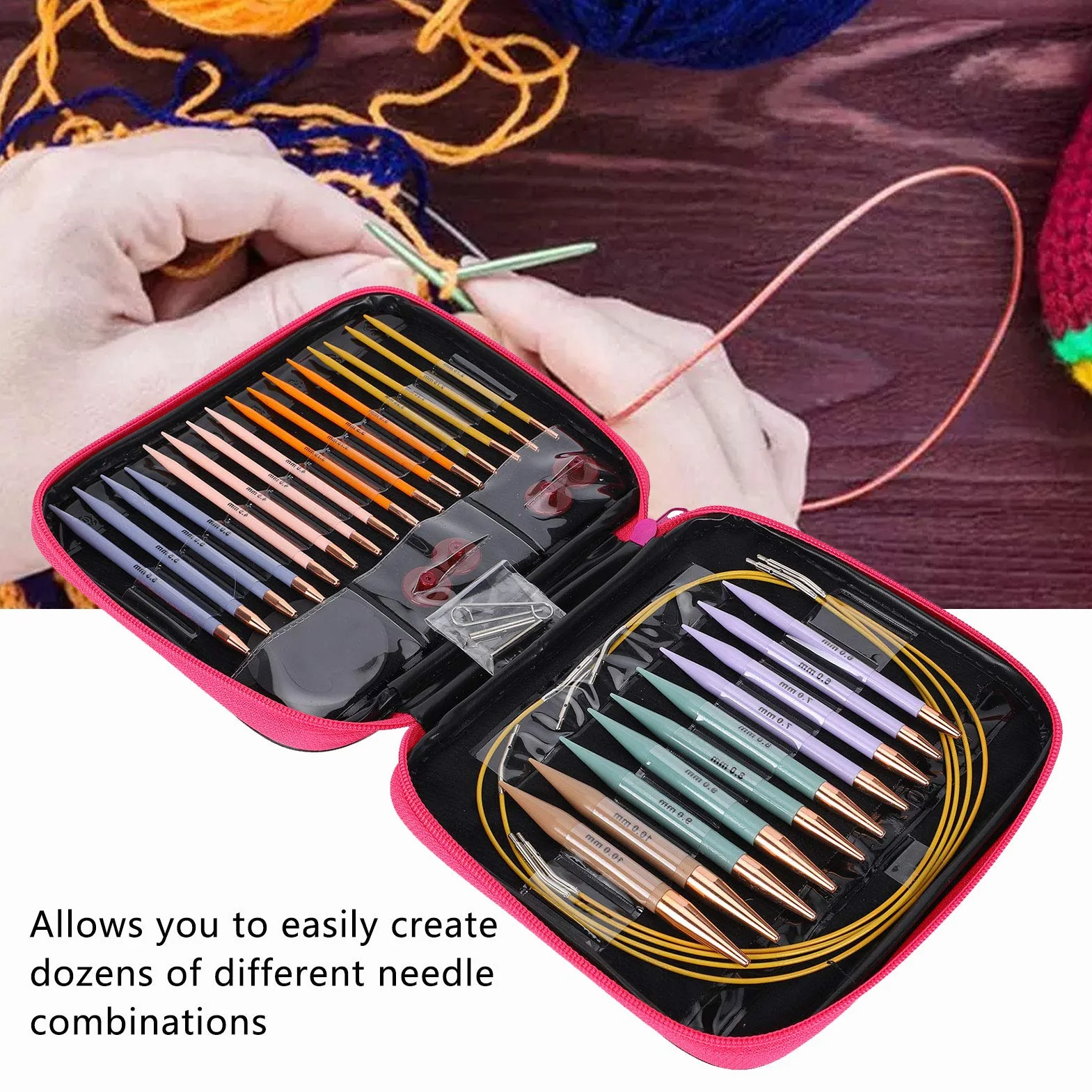 Juego de 13 pares de ganchos de ganchillo Aguja de ganchillo Suministros de tejer Kit de ganchillo para principiantes con estuche Multicolor Aluminio Hilo ergonómico Agujas de tejer Herramientas de co