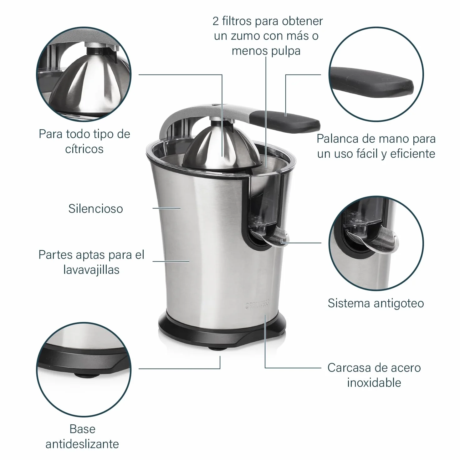 Princess 201860 Exprimidor de Cítricos Master Juicer Pro, Cono universal de acero inoxidable, Brazo de Palanca Profesional, Potente Motor de 300 W, Filtro para Pulpa, Depósito con Sistema Antigoteo