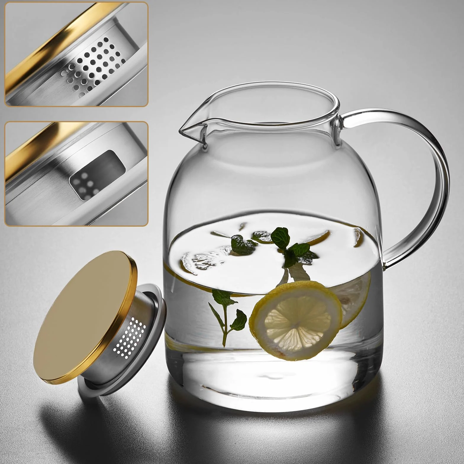 MESNEY Tetera de Vidrio 2L Infusor Borosilicato Resistente al Calor Colador Tapa 2 en 1