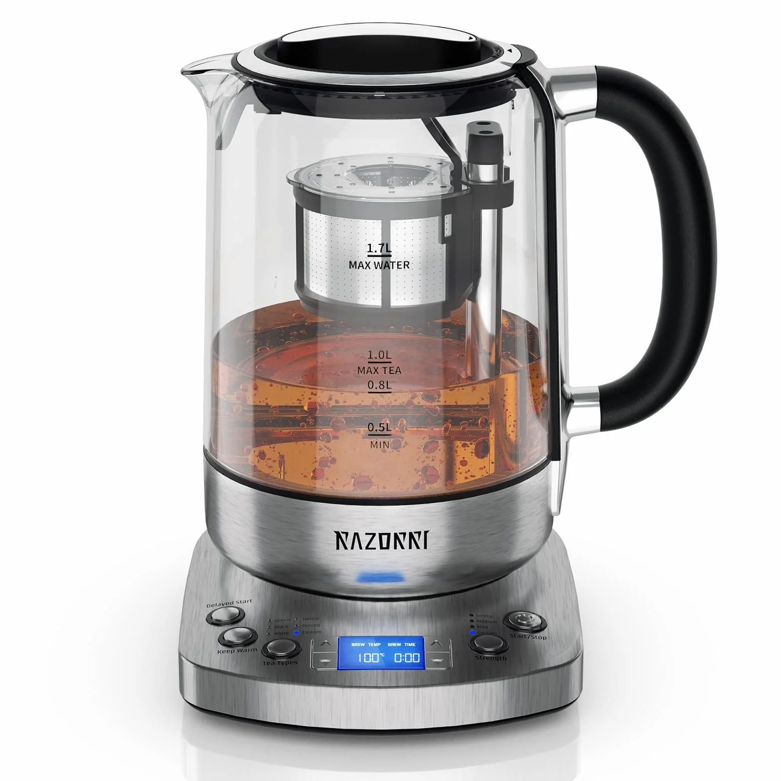 Razorri Tetera eléctrica – 1,7 litros – Cesta de té que se eleva automáticamente – 5 tipos de té y 3 intensidades de preparación – Mantiene el calor 60 minutos, 24 horas de tiempo de inicio retardado