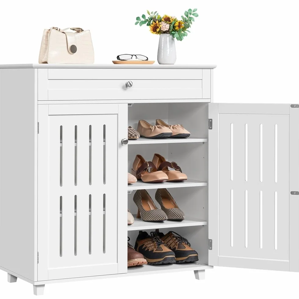 Yaheetech Mueble Zapatero de 2 Puertas Armario de 4 Niveles para Zapatos Mueble Auxiliar con Cajón y Estantes Ajustables para Entrada de Salón 78 x 37 x 86 cm Blanco