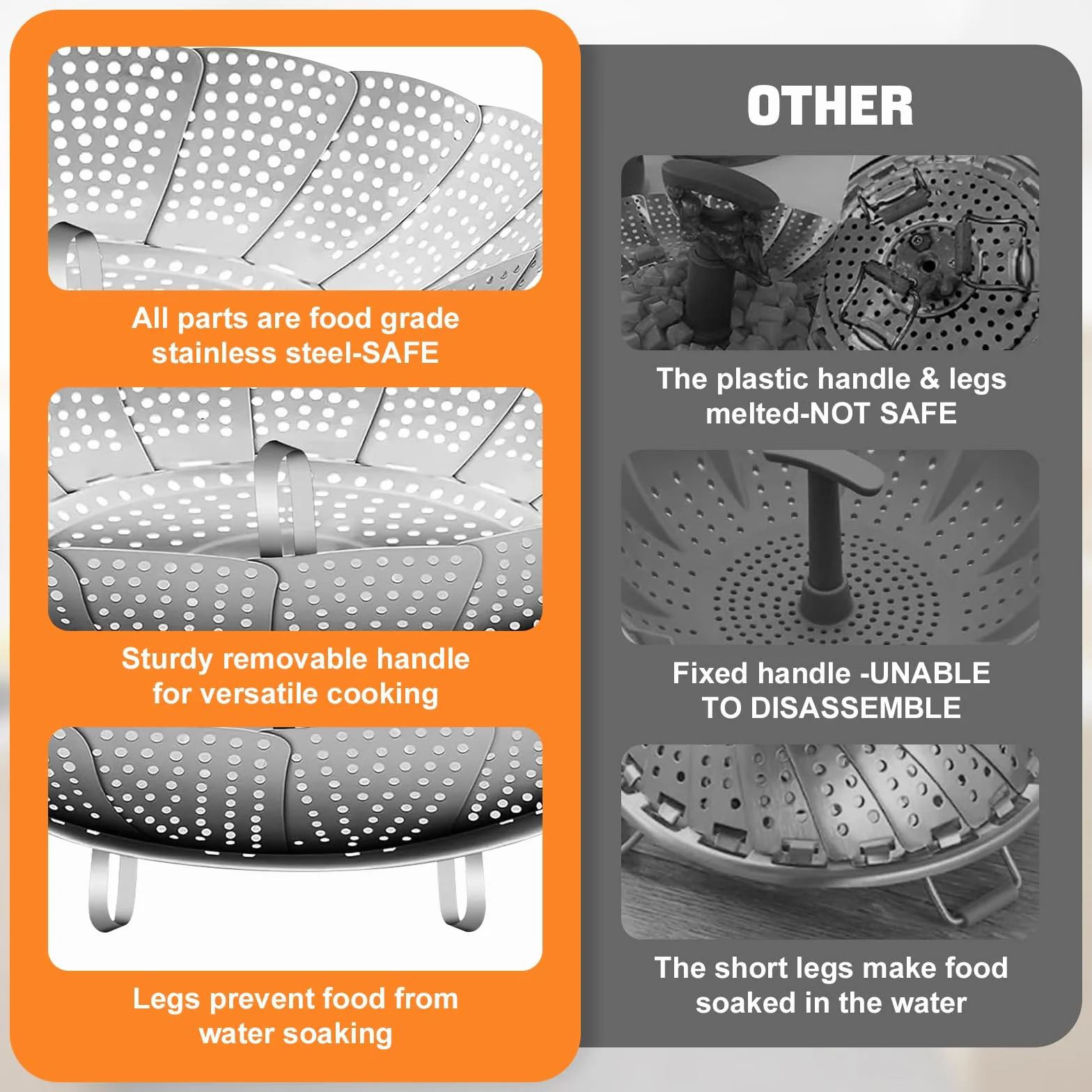 Cesta Vaporera Plegable de Acero Inoxidable, Inserto Ajustable para Ollas