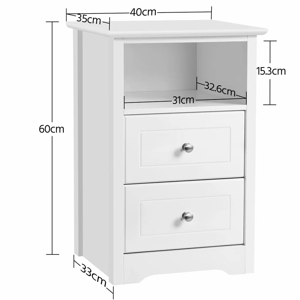 Yaheetech Mesitas de Noche con 2 Cajones 40x35x60cm Mesillas de Noche Vintage para Dormitorio Mesita de Madera Lacada para Cama Blanco