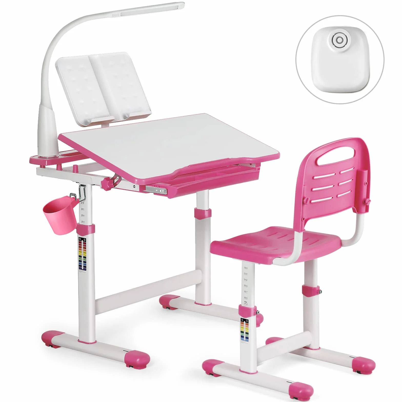 JOYLDIAS Escritorios Infantiles, Mesa Escritorio Niño Regulable en Altura con Lámpara, con Silla y Cajón, Incluye Cubo Pequeño/Rosa