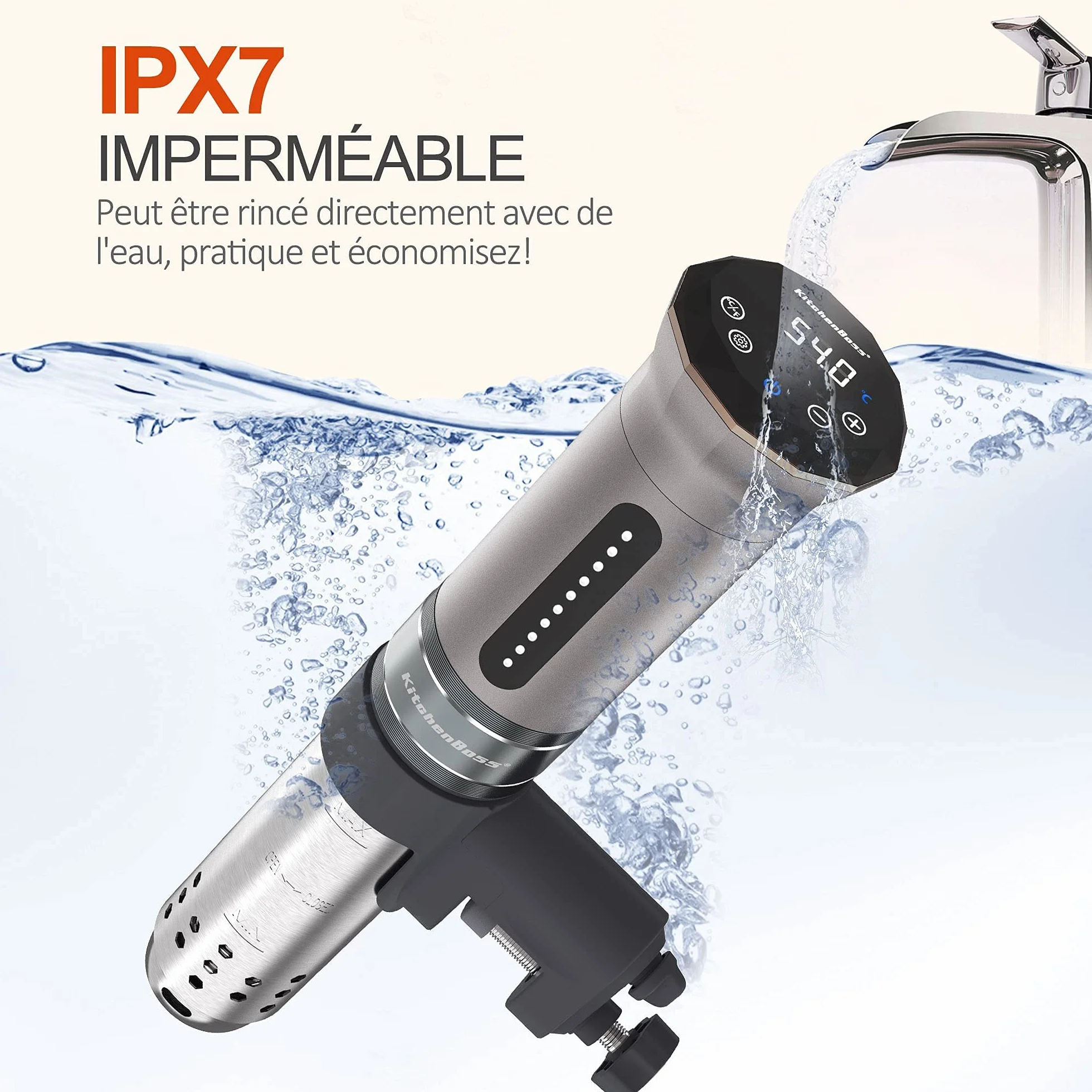 KitchenBoss Sous Vide Stick 1100 W: IPX7 resistente al agua Sous Vide Garer, ciculador de inmersión con pantalla LED y termostato ajustable para una cocción precisa, acero inoxidable plateado