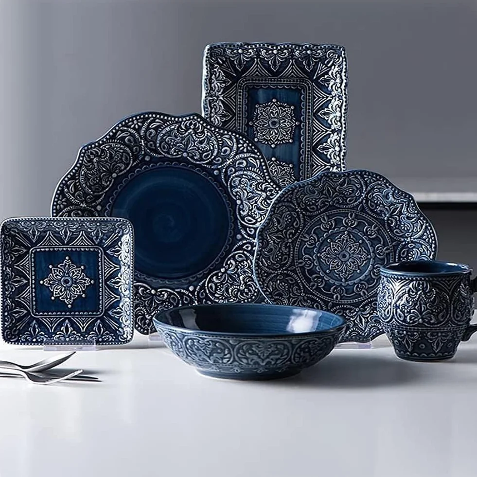 Juego De Vajilla De Cerámica Azul 12 Piezas Bajo Vidriado Ideal para Restaurantes Fiestas Familiares Y Eventos Vajillas Completas Baratas