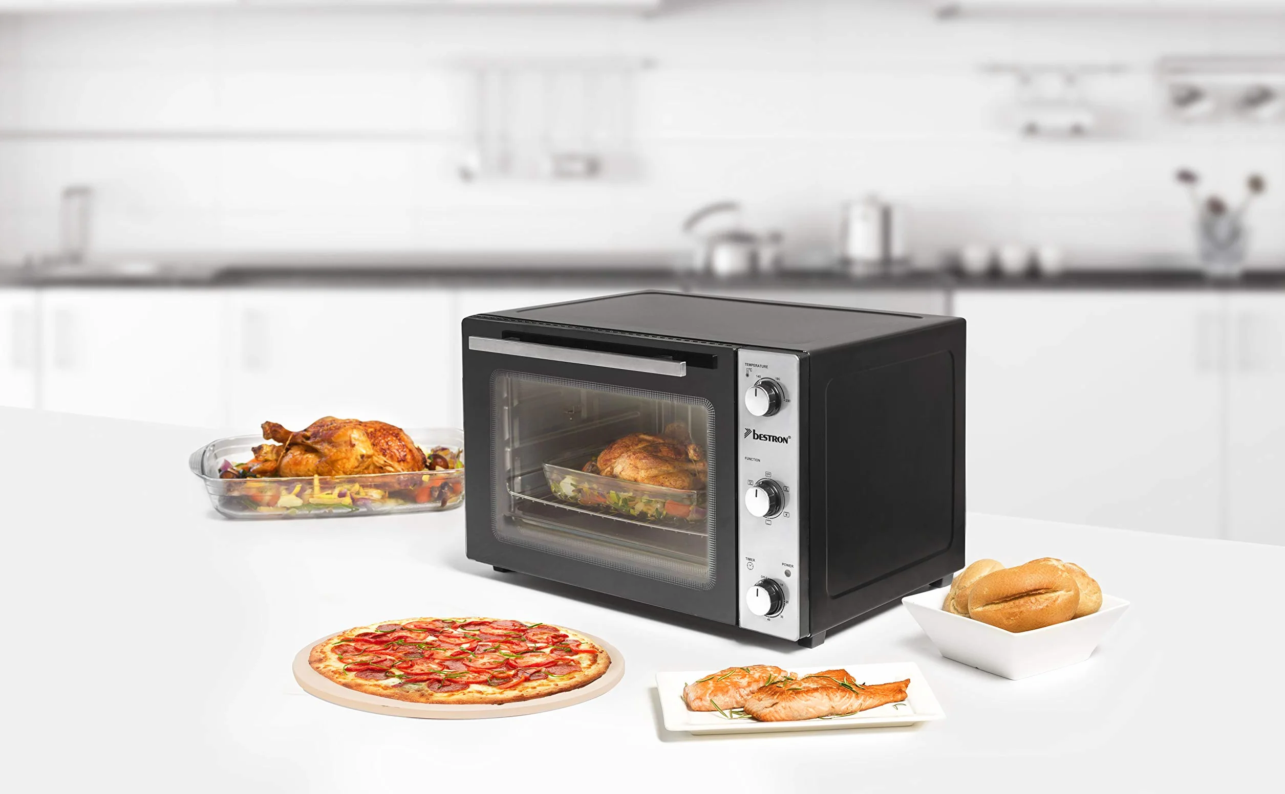 Bestron Mini Horno con Pincho Giratorio y Piedra para Pizza, 31 Litros, 1500 Vatios, Acero Inoxidable