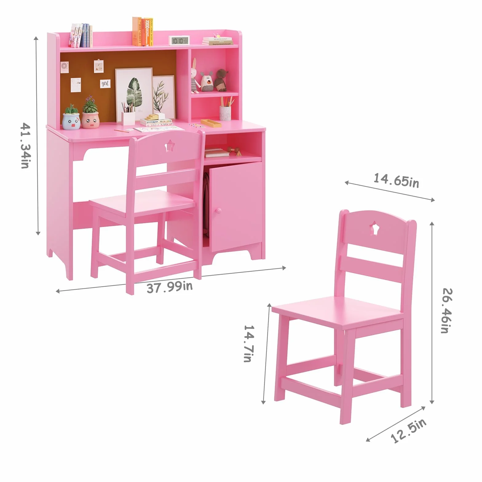 Escritorio Infantil de Madera con Silla y Estanterías, Mesa de Aprendizaje Multifuncional