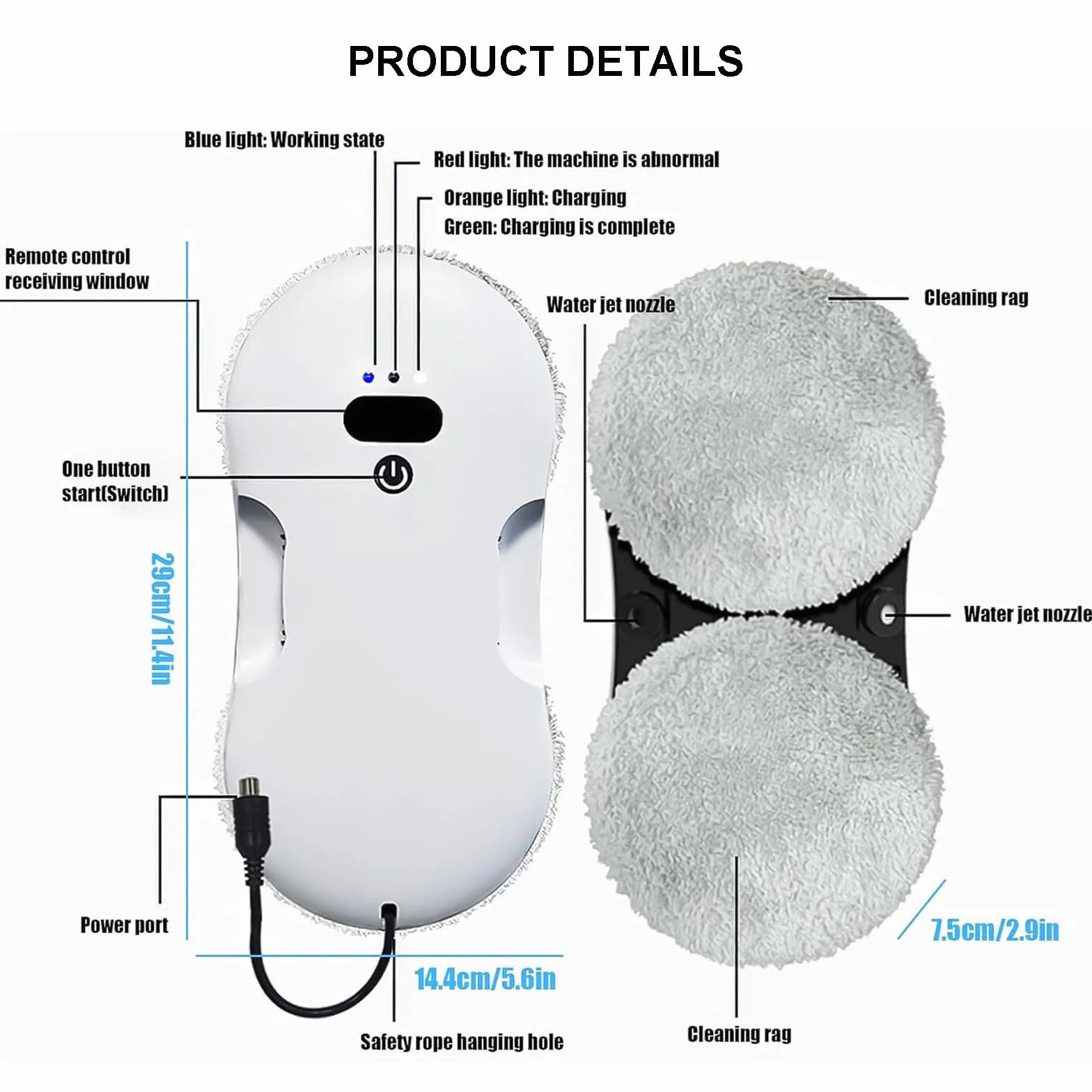 Robot Limpiacristales De 80 W, Pulverizador De Agua Doble Automático Y Potente Succión De 2800 Pa, 3 Modos De Limpieza, Con Control Remoto Y Cuerda De Seguridad.,White