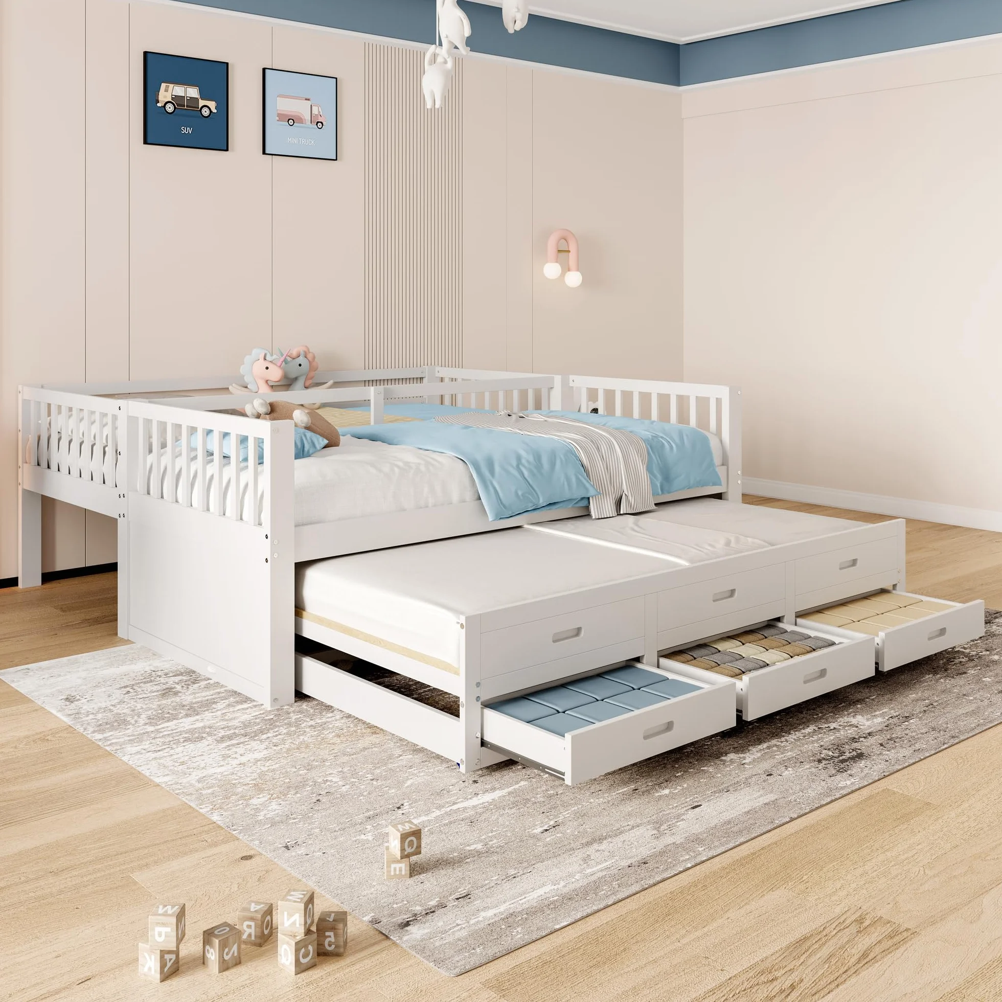 Litera de 90x200cm con Escalera Cama Nido Espacio de Almacenamiento de 3 cajones Cama Alta para 3 Personas Cama Familiar Estructura de Pino y MDF Cama de Invitados sin colchón Blanco
