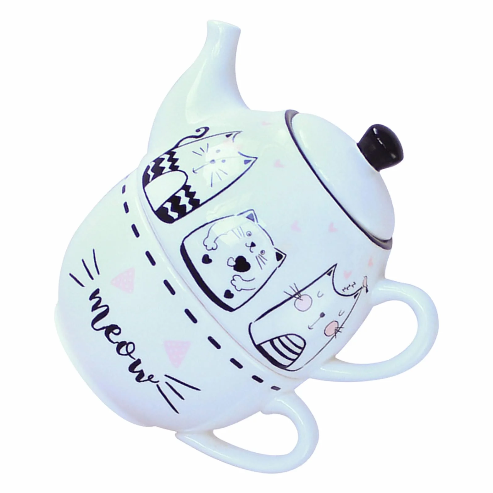 Didiseaon Juego de Té Diseño Original y Elegante de Cerámica Forma de Gato Blanco Tetera y Taza Decorativa para Uso Diario para Aficionados al Té