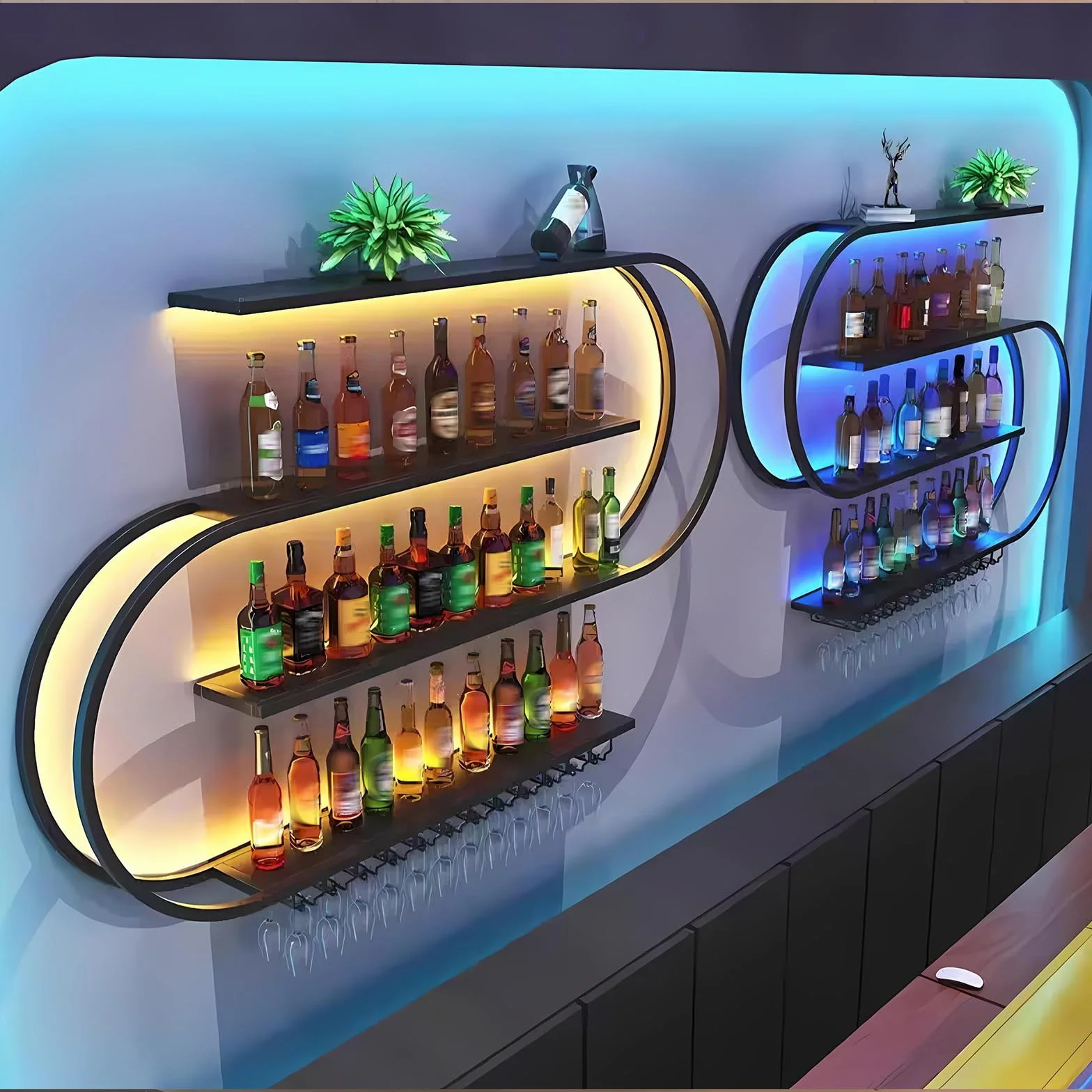 Botellero de Pared, Botellero Semicircular 4 Niveles Estante Bar Flotante con Ganchos para Copas de Vino, Estante Industrial de Metal para Exhibir Botellas Adecuado para Bar Decor (Negro, 120cm)