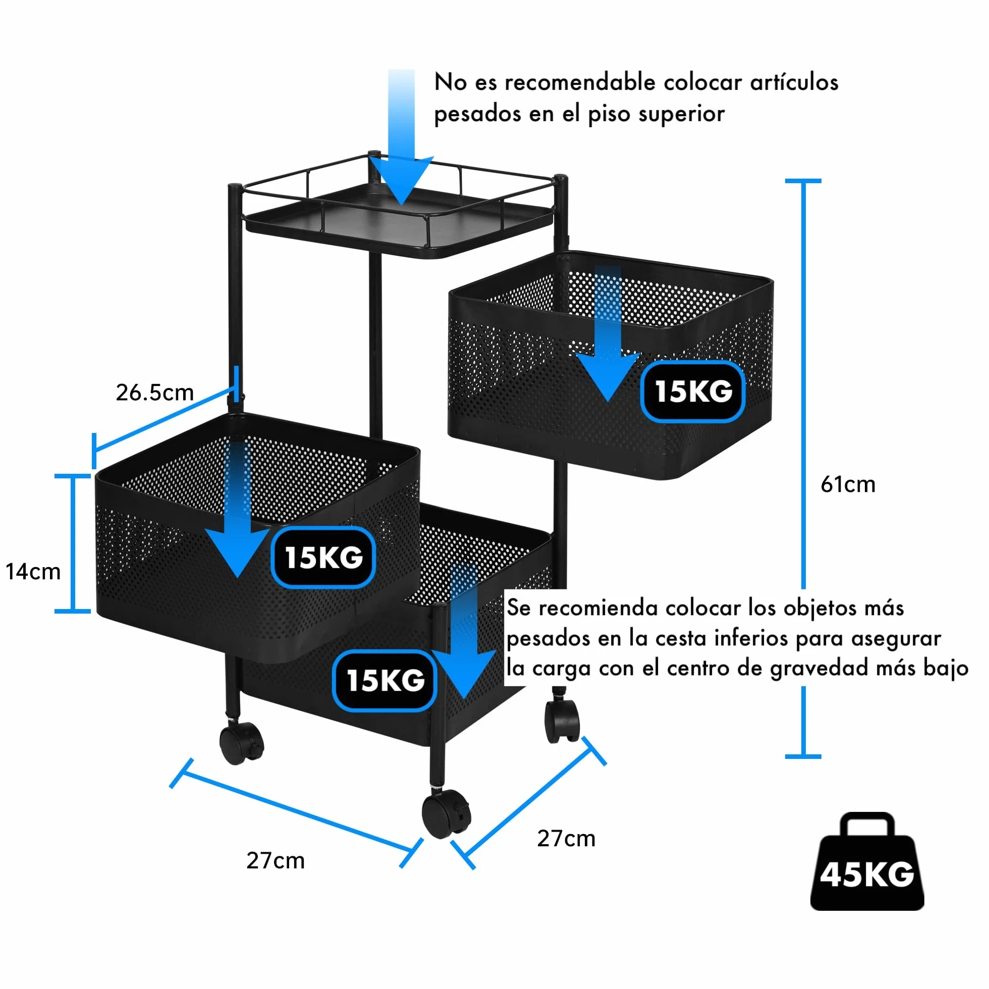 Carro auxiliar metálico con ruedas y cestas plegables estantería organizador de metal gran capacidad