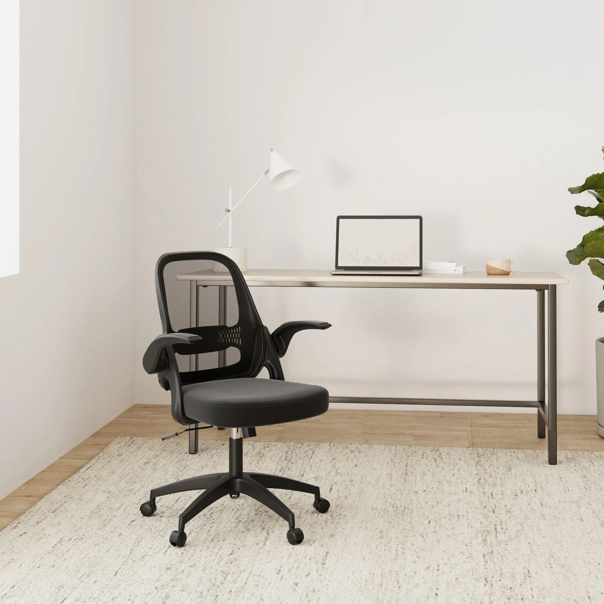 SONGMICS Silla de Oficina, Silla de Escritorio, Silla Giratoria Ergonómica, Silla de Ordenador, Altura Ajustable, Apoyabrazos Abatibles, Mecanismo de Inclinación, Negro OBN035B01