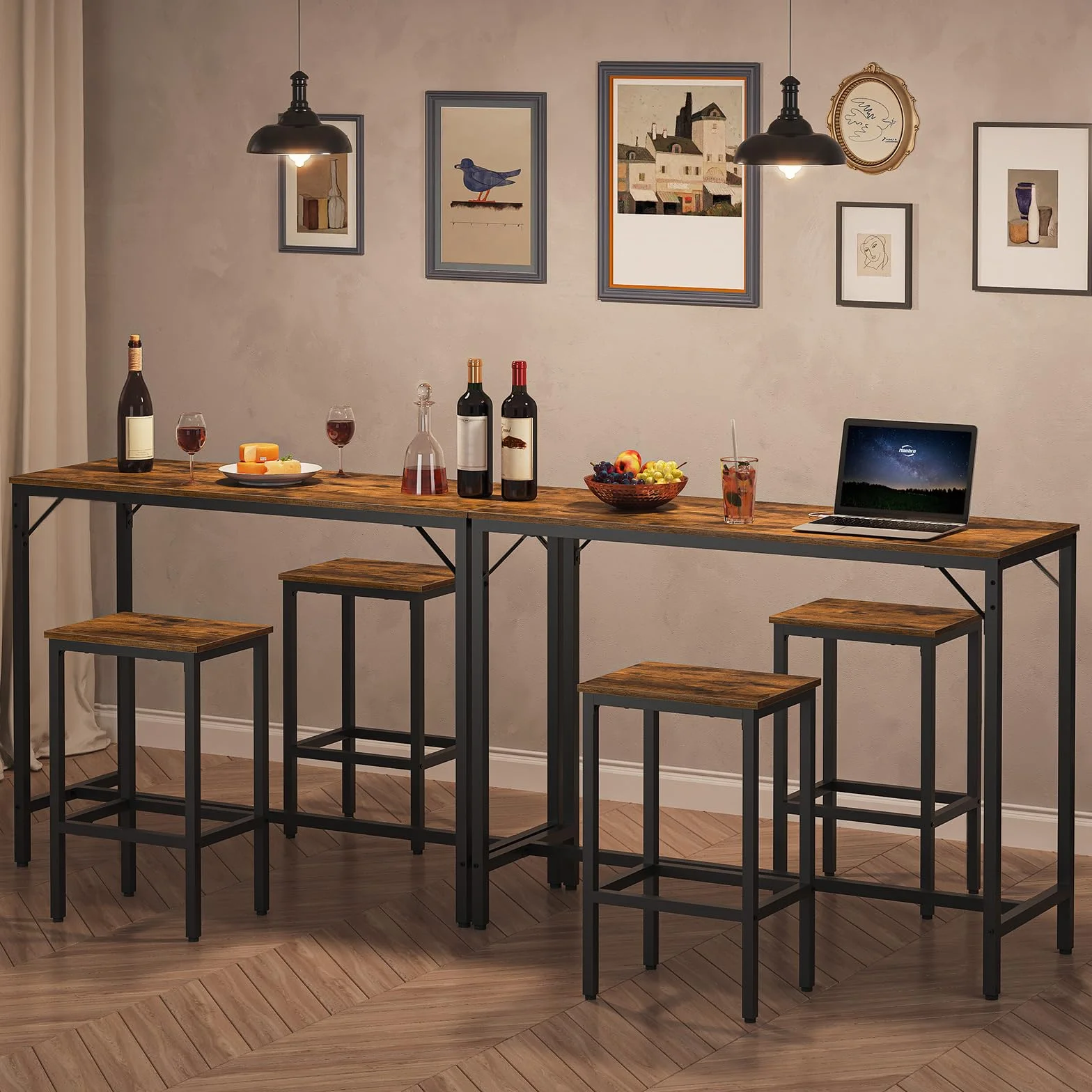 HOOBRO Juego de Mesa y 2 Taburetes de Bar, Estilo Industrial, 120 x 40 x 91 cm, Negro y Marrón Rústico