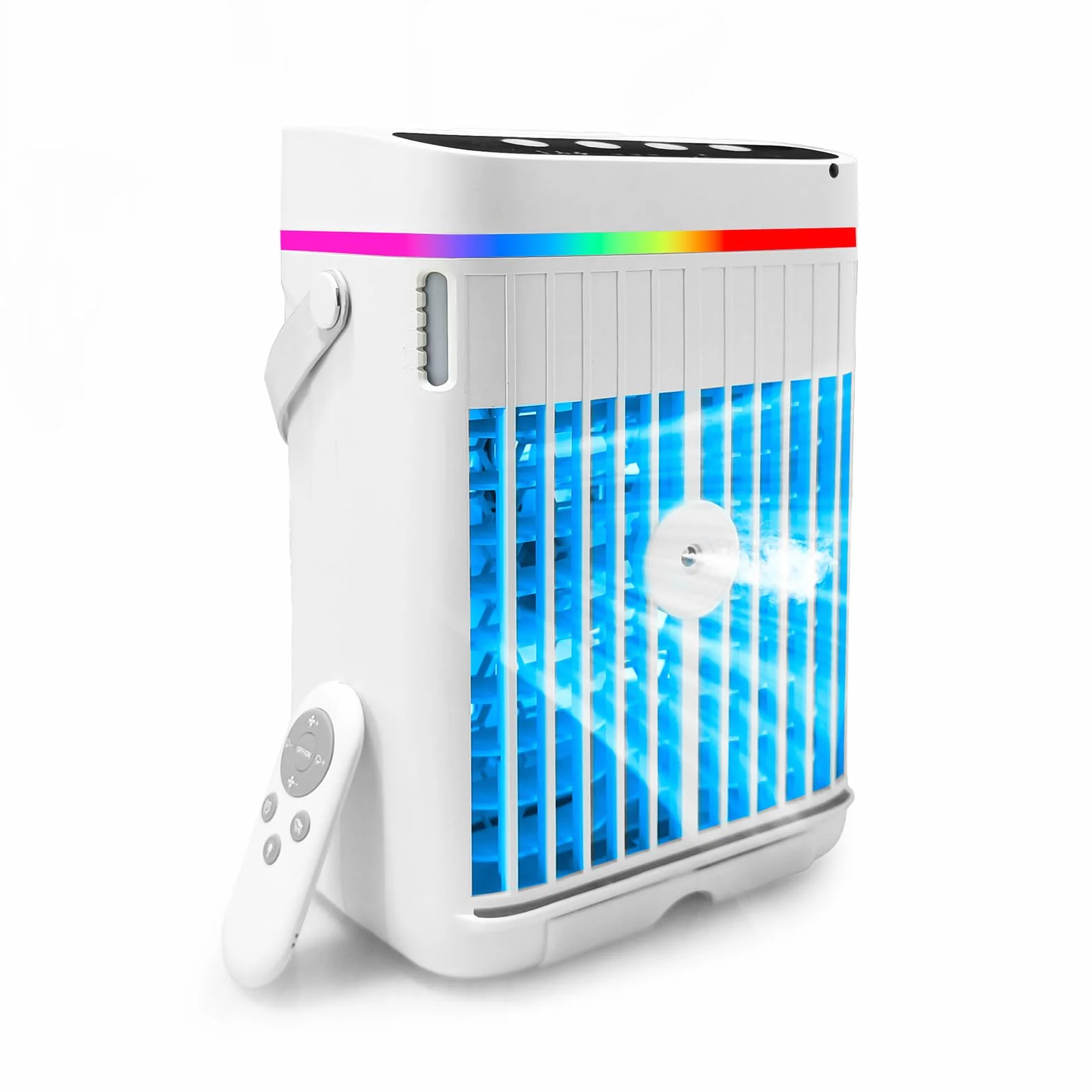 Aire acondicionado portátil, mini enfriador 4 en 1 con refrigeración rápida, función de niebla, luz LED, 3 velocidades y temporizador, ventilador USB silencioso para uso en verano