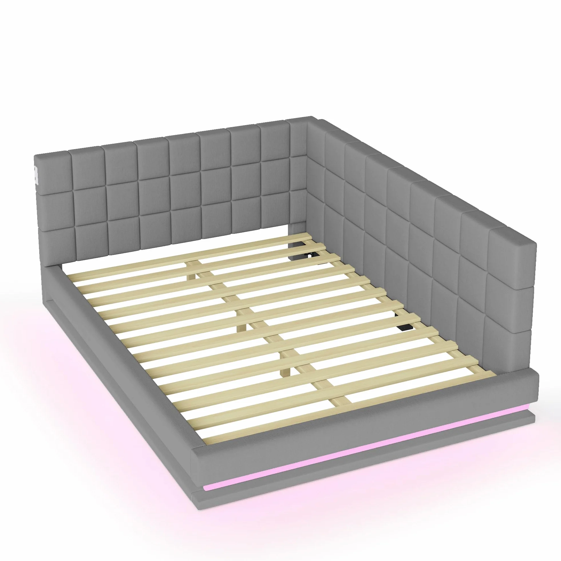 ZYLOYAL10 Cama tapizada para sofá cama multifunción con somier de láminas de tela aterciopelada agradable al tacto (tira de luz LED gris, 140 x 200 cm)