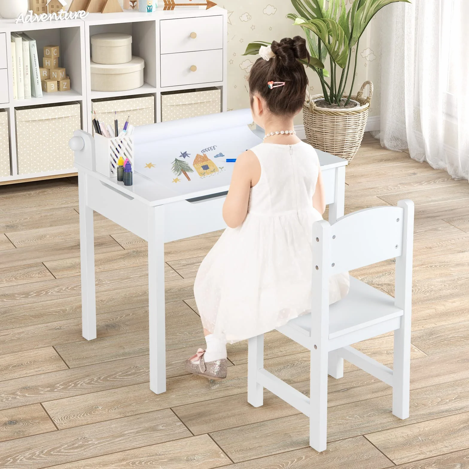 COSTWAY Juego de Mesa y Silla Infantil de Madera, Mesa de Actividades con Soporte para Rollo de Papel, Escritorio para Dibujar y Estudiar (Blanco)