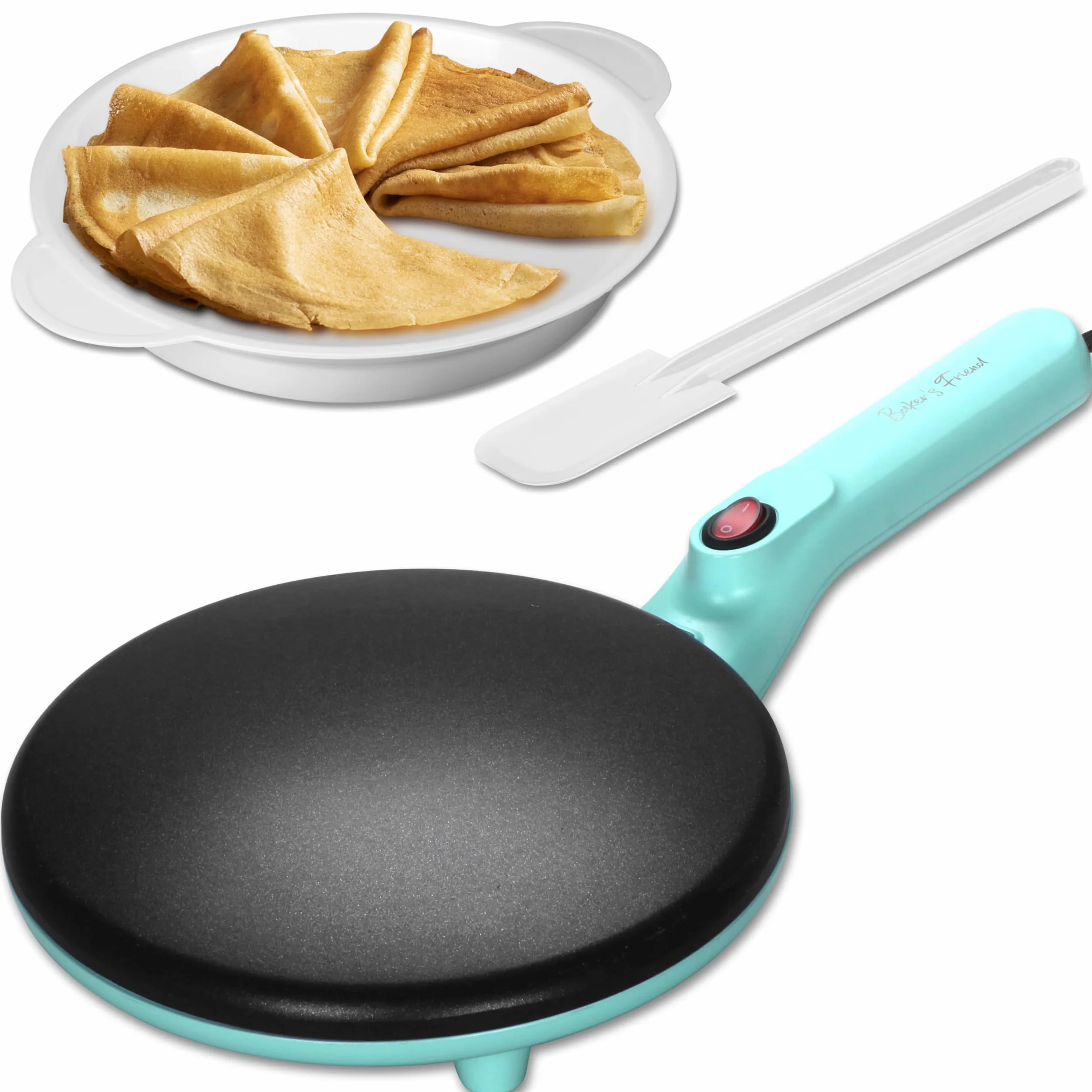 Baker's Friend Fabricante Instantáneo de Crêpes con Mango, Máquina de Crêpes Eléctrica, Crêperia Eléctrica, Superficie Calentada de 20 cm de Diámetro, Aqua