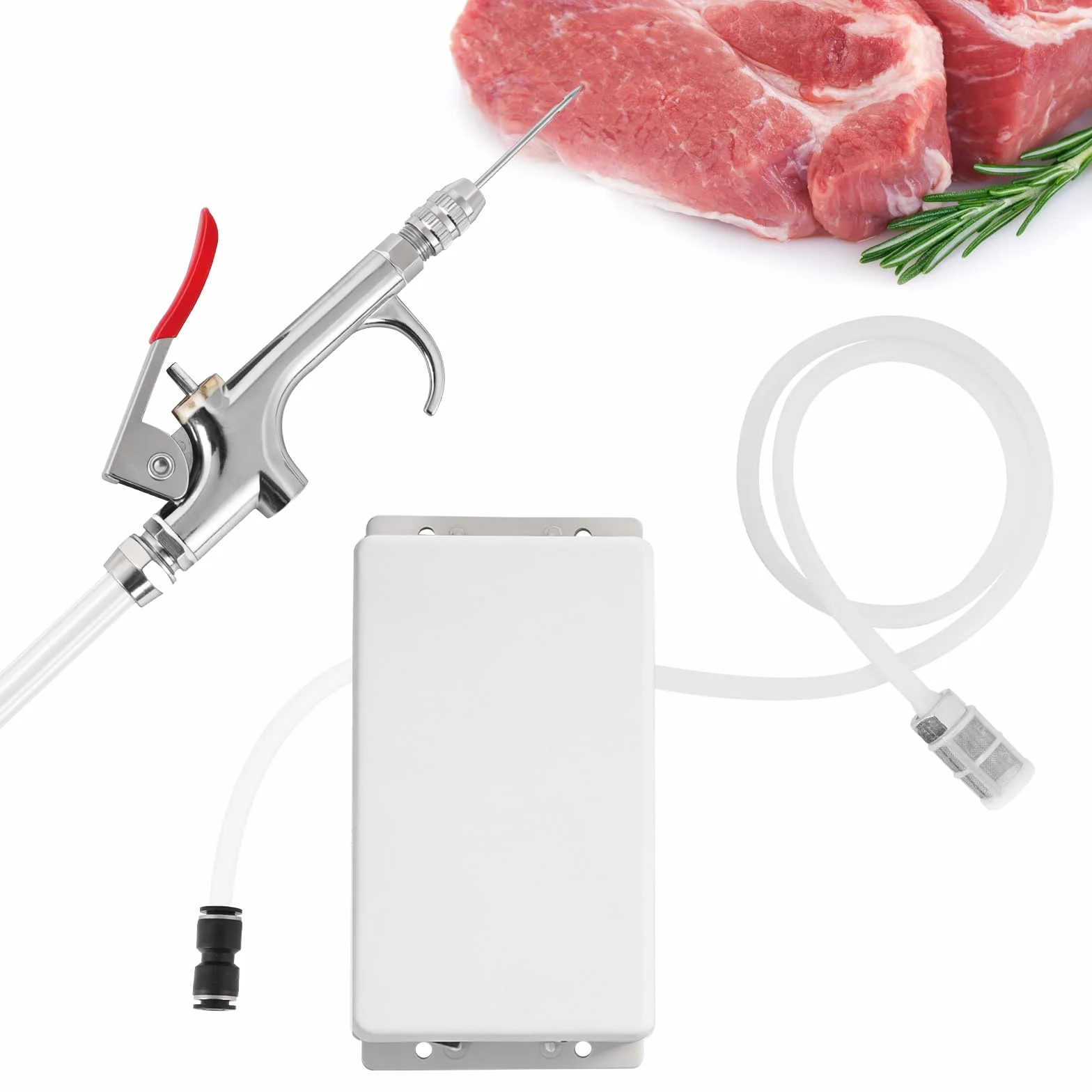 MXBAOHENG Pistola Inyectora de Carne con Manguera Inyectora Eléctrica de Acero Inoxidable 70W Jeringa para Carne Pistola Individual con 10 Agujas para Asar Pavo, Cerdo, Carne de Res