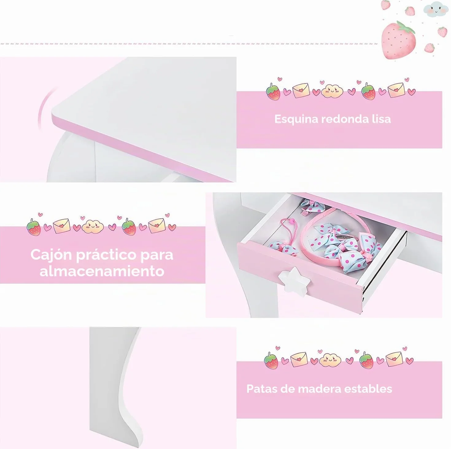 FANTASK Tocador Infantil con cajón y Espejo extraíble, tocador de Princesa con Taburete, tocador Rosa y Blanco para niñas de 3 a 7 años