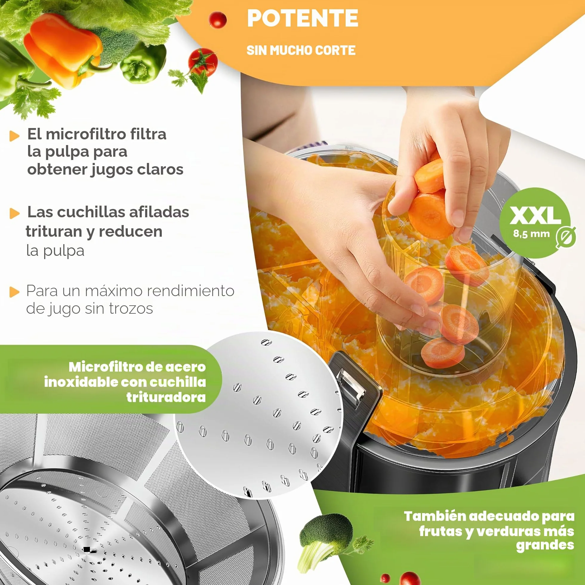 KESSER Exprimidor acero inoxidable 1100W, abertura 85 mm, 3 velocidades, Negro