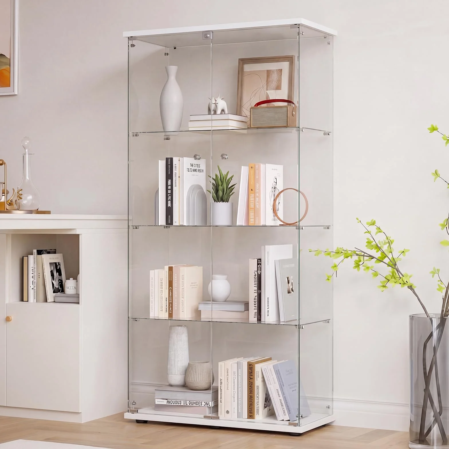 DADEA Vitrina Cristal 4 Estantes y 2 Puerta, Vitrina con Cerradura, 36,5 x 80,5 x 164cm, Columna Expositora Vidrio MuebleVitrina Expositora Armario Vidrio VitrinaExpositora AltaVitrina Suelo, Blanco