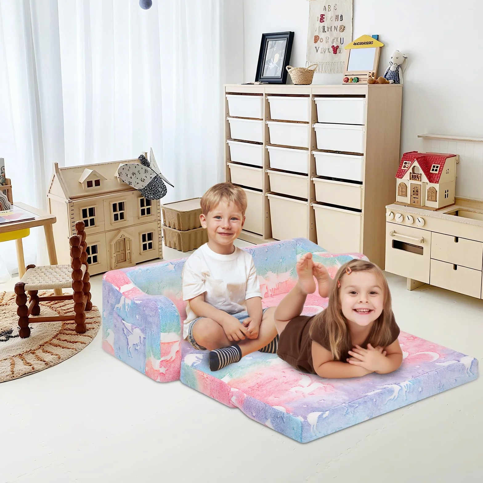 Convertible Sofa para Niños 2 en 1, Plegable Sofa Infantil Brilla en la Oscuridad para Niñas y Niños, Estable Silla Niño 2 Plazas para Dormitorio Sala de Juegos,Unicornios