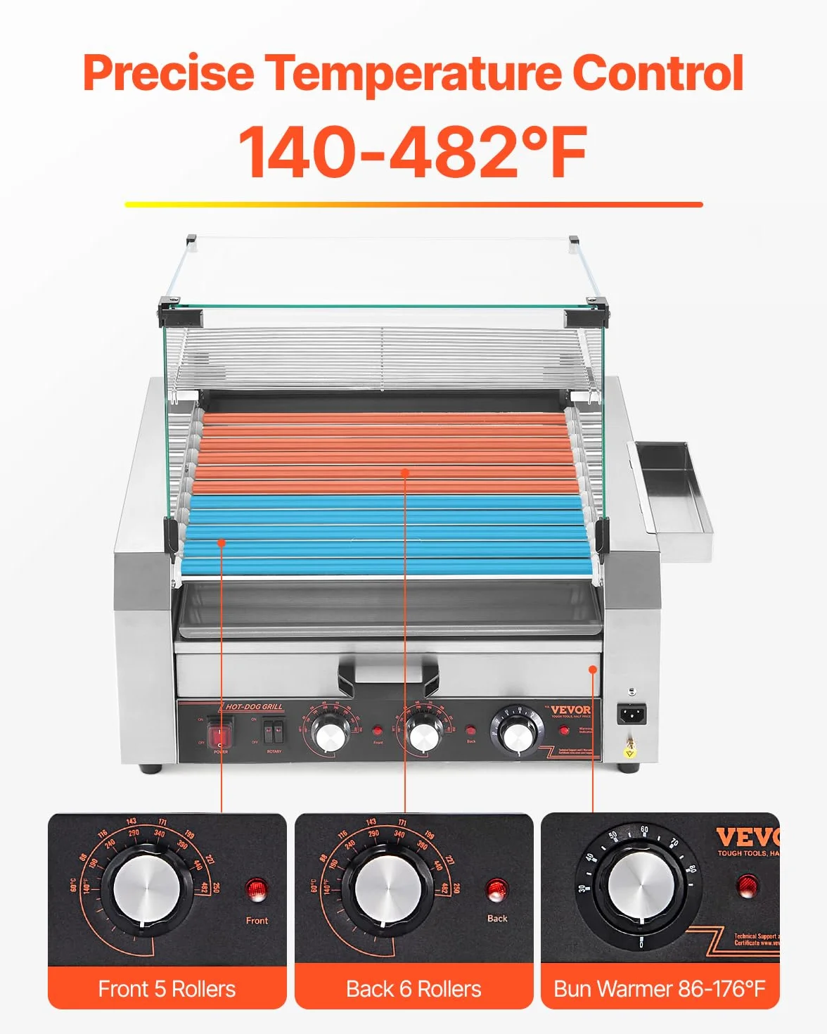 VEVOR Parrilla de Acero Inoxidable para Perros Calientes de 2400 W con Calentador de Panecillos, Cubierta, Control de 3 Temperaturas, Caja de Almacenamiento Lateral, 11 Rodillos, 5 r/min, Plata