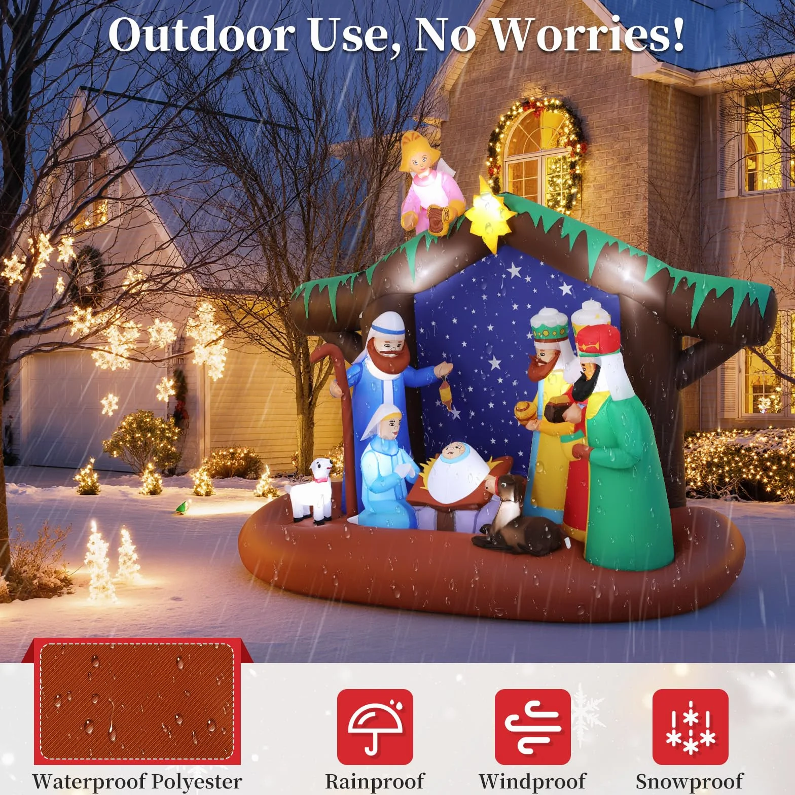 Lewondr Decoraciones Navideñas Inflables Belén para Exteriores, 7FT Inflable Navideño con 12 Luces LED, Iluminado De Belén Impermeable para Decoración Navideña De Jardín