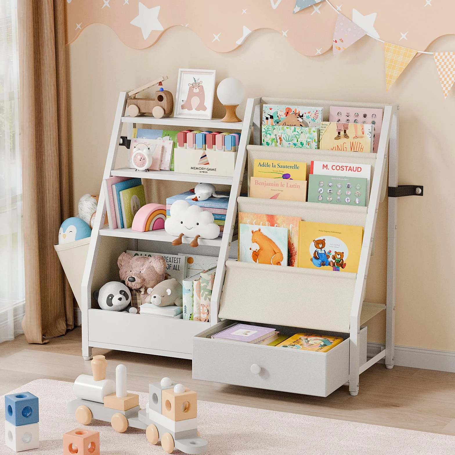 Estantería y almacenamiento de juguetes, estante para libros y guardería, organizador Montessori, color blanco
