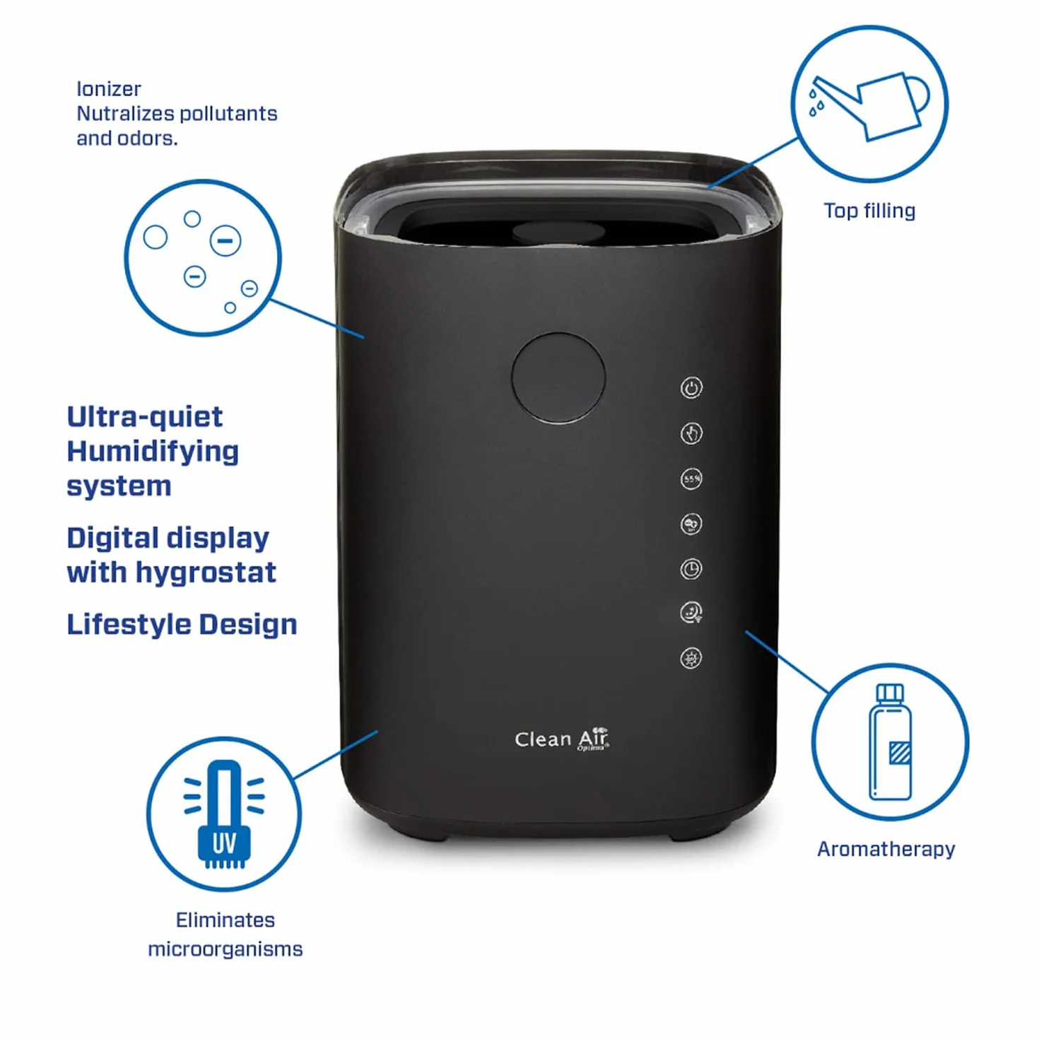Clean Air Optima CA-604 Smart Top Filling - 3 en 1: Humidificador, purificador de aire y aromaterapia. - Capacidad min.120 ml/h - máx.400 ml/h! - Ideal para habitaciones de hasta 55 m²/140 m³ (negro)