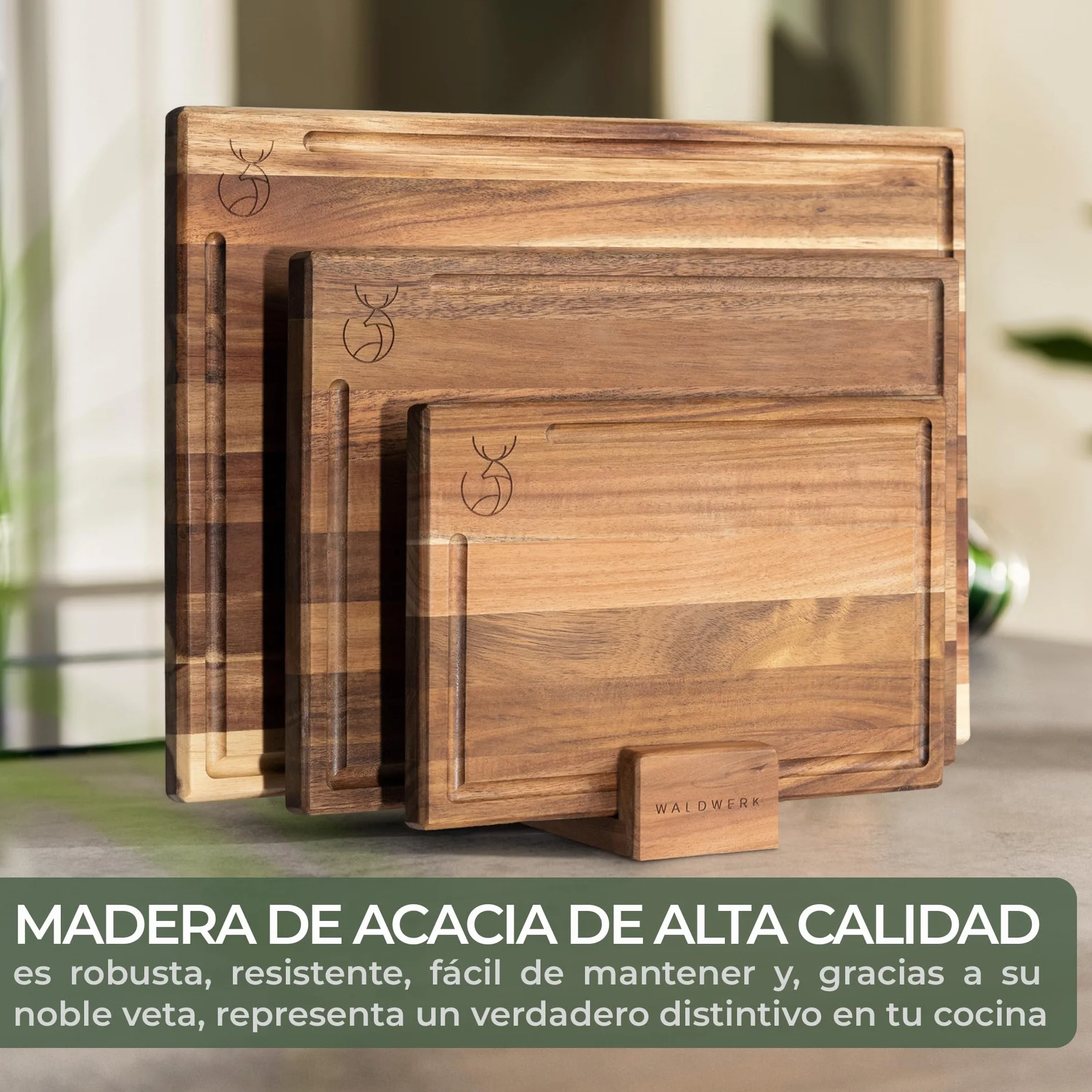 WALDWERK Tablas de Cocina Madera Maciza Acacia Juego 3 Tablas Cortar con Soporte 40x30 cm