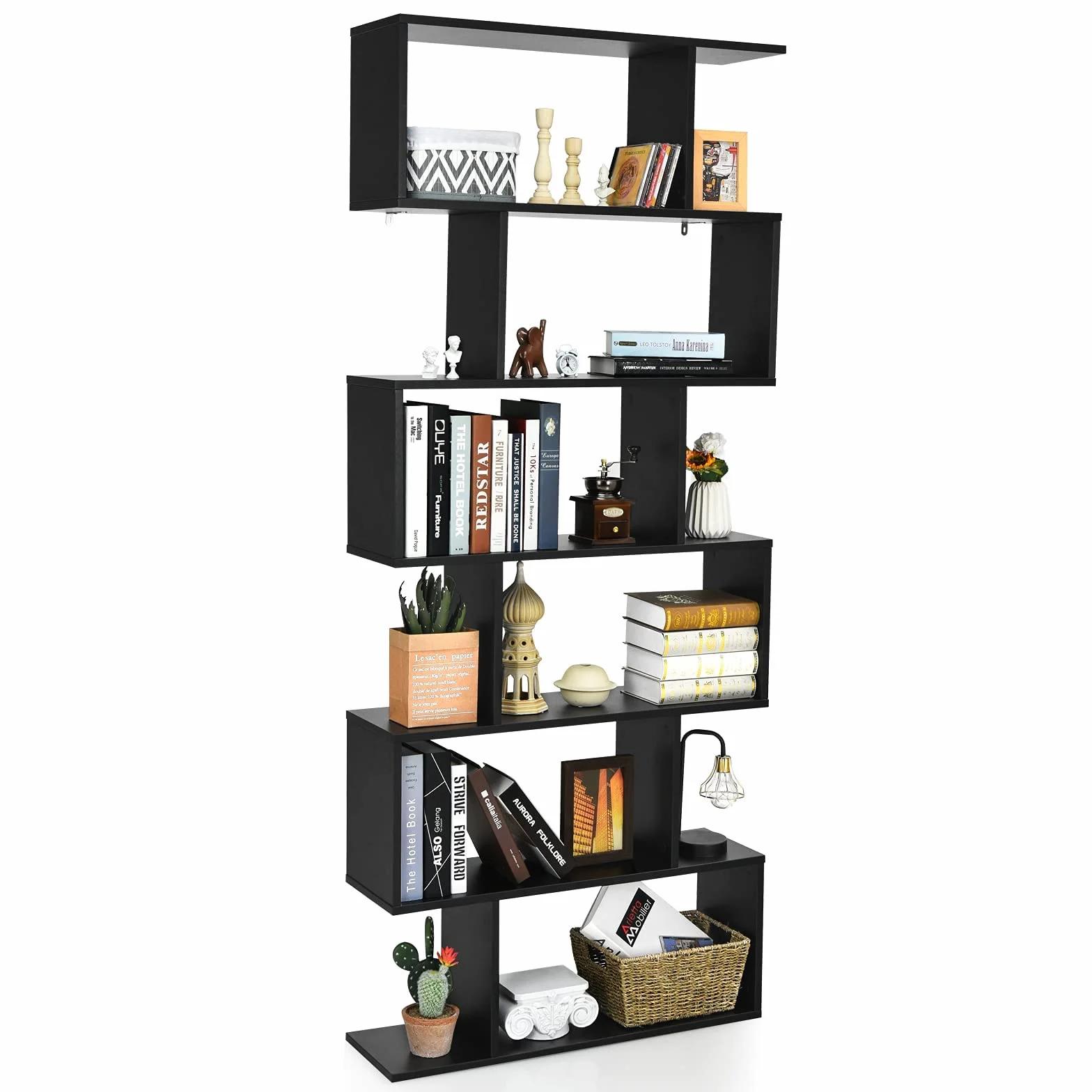 GIANTEX Librería en Forma de S, Estantería para Libros con 6 Estantes, 80 x 23 x 191 cm, Estantería de Almacenamiento Multifuncional, Diseño Antivuelco, para Salón, Estudio (Negro)