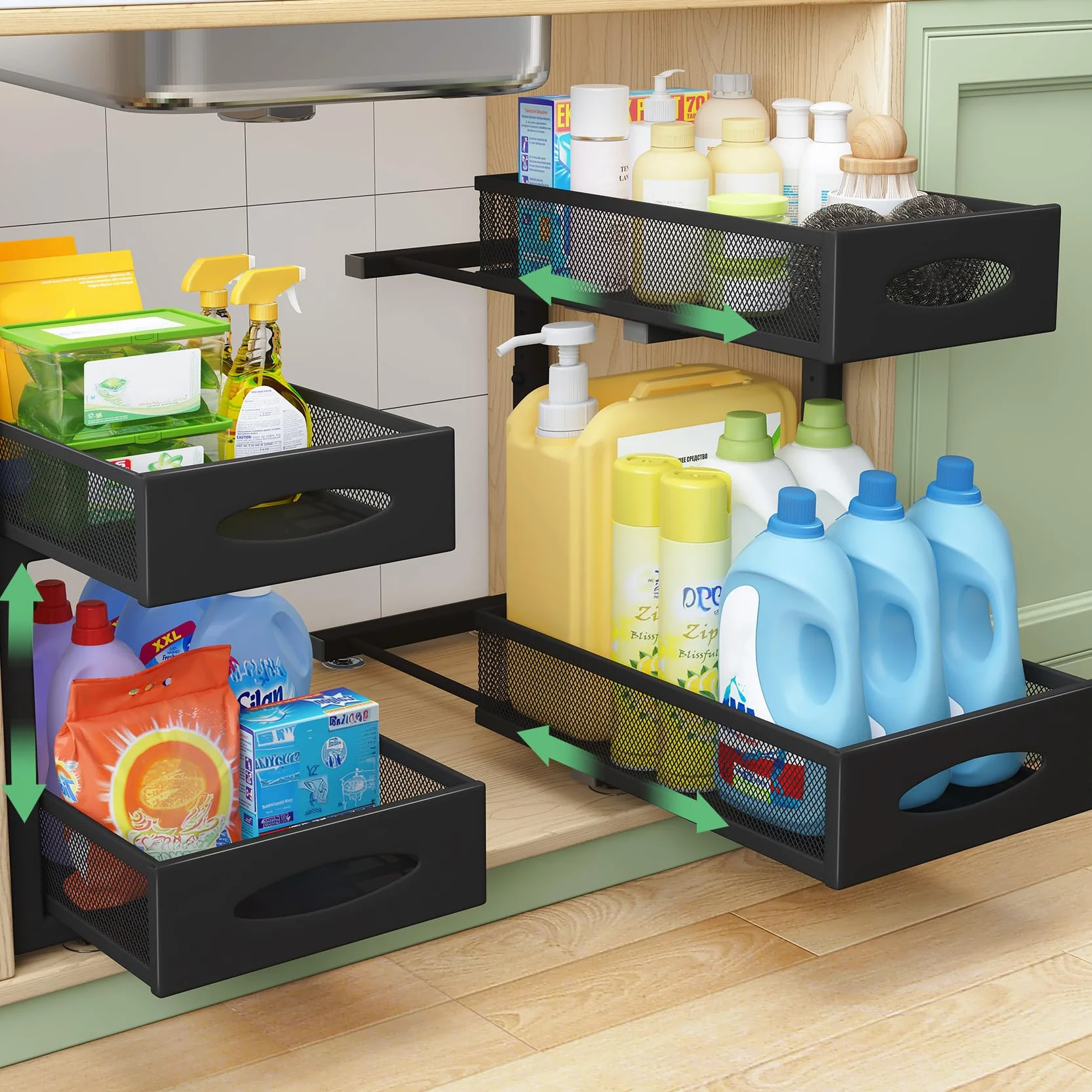Kitstorack Organizador Bajo Fregadero de Metal 2 Niveles Cajones Deslizantes Altura Ajustable Negro