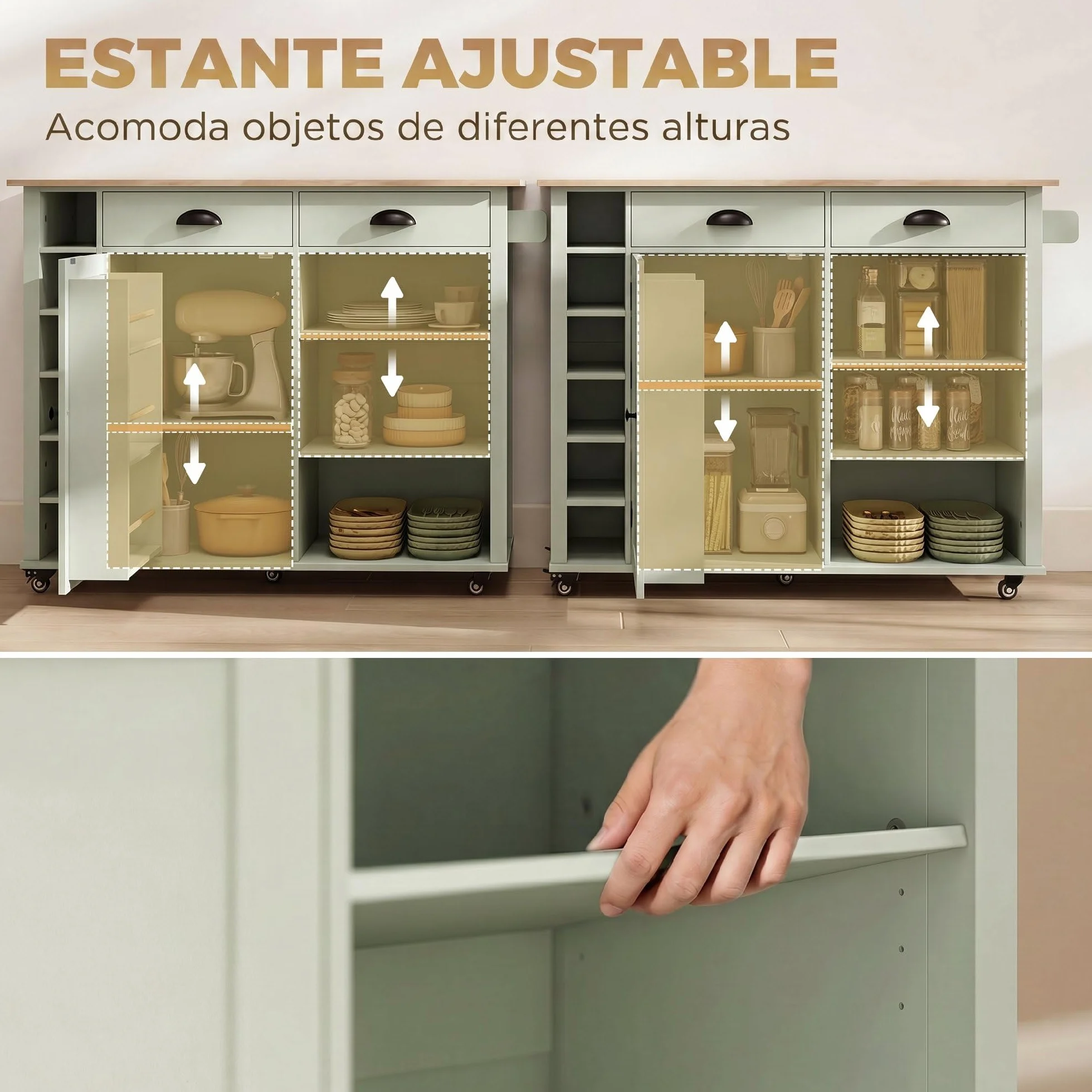 HOMCOM Isla de Cocina con Tablero Plegable y Ruedas, Carrito de Cocina con Estantes en la Puerta, Toallero, Armario, 2 Cajones, Estantes Abiertos, 117,5x70x91 cm, Verde Claro