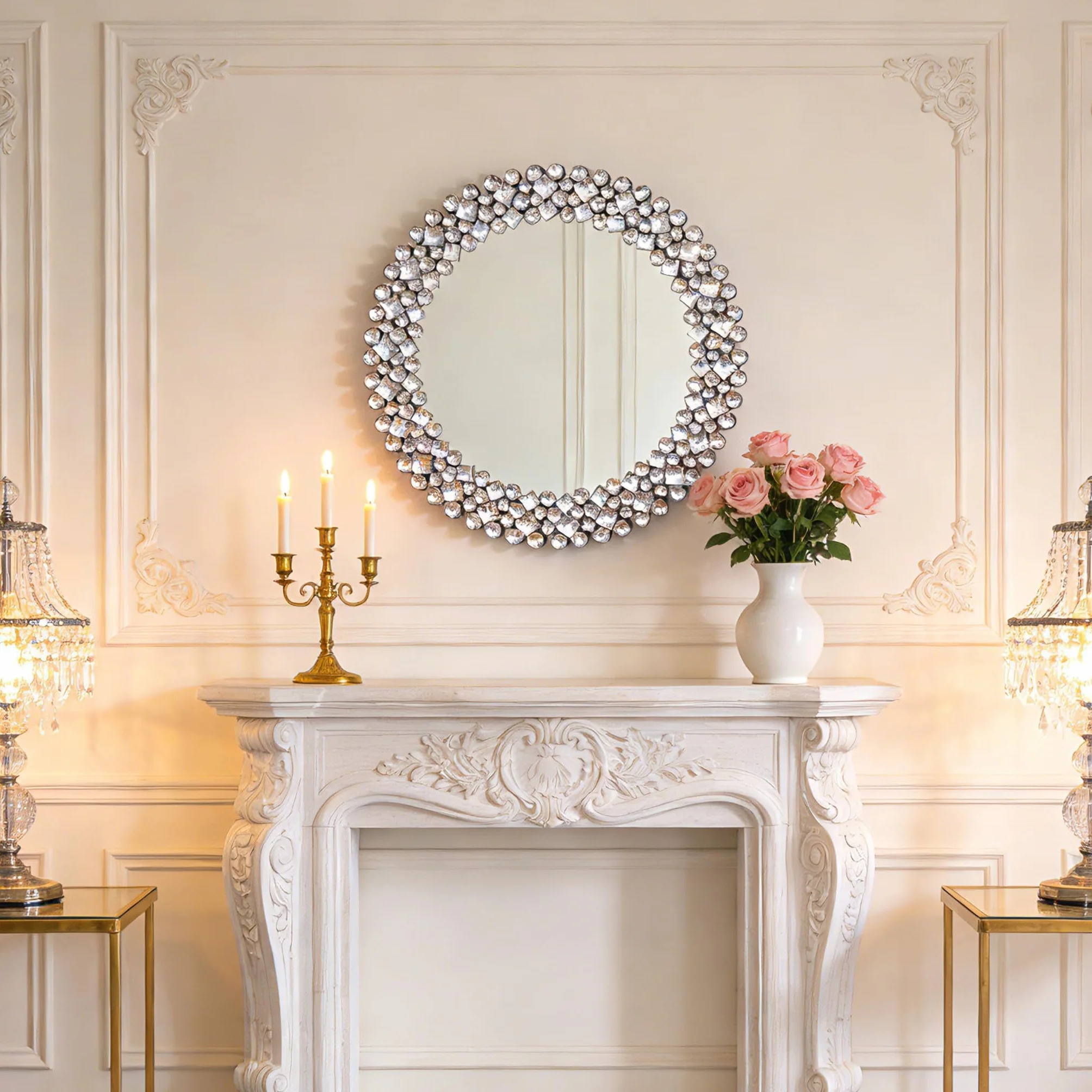 SHYFOY Espejo redondo de pared moderno con borde de joyas de cristal | Espejo redondo de lujo para baño, lavabo, salón, dormitorio, entrada | 60 x 60 cm