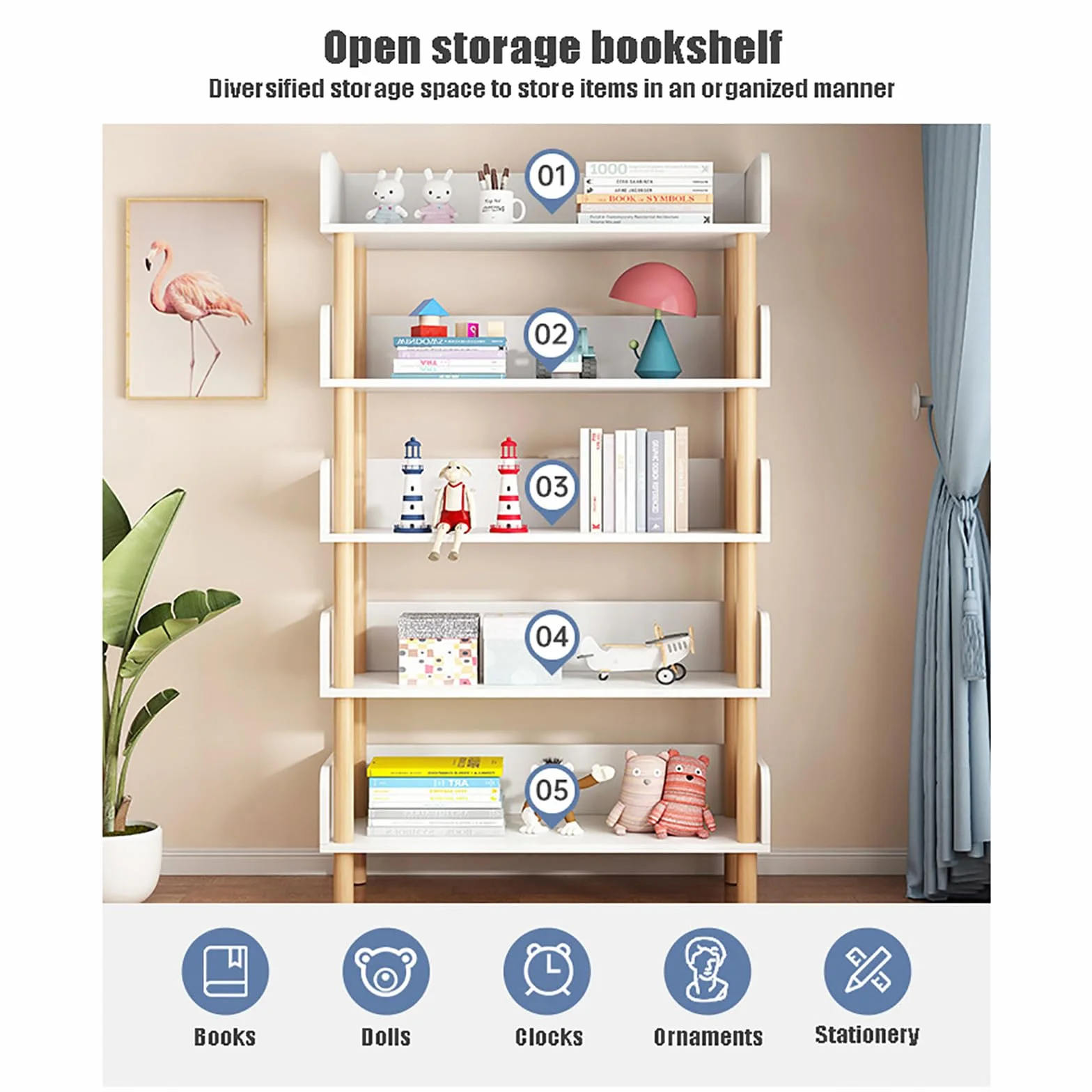 Estantería de exhibición de organización de estanterías de Madera para Dormitorio/Sala de Estar con Organizador de Almacenamiento de 5 Cubby - Linda estantería Independiente con Almacenamiento