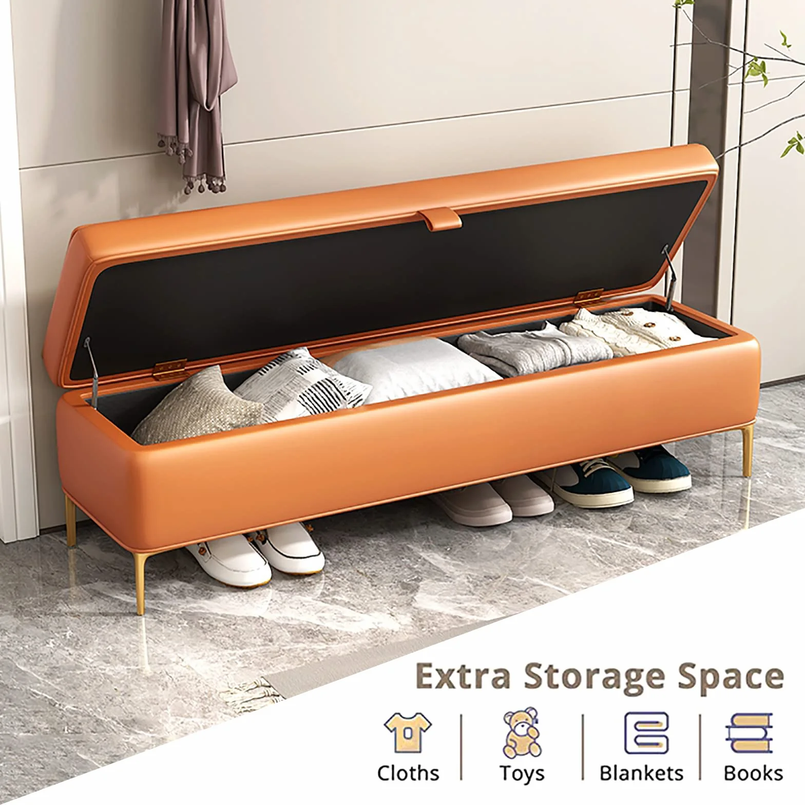 LUUYYI Banco de almacenamiento moderno de piel sintética blanca otomana elegante para guardar zapatos, versátil mueble de dormitorio para zapatos y artículos esenciales (naranja, 60 x 40 x 45 cm)