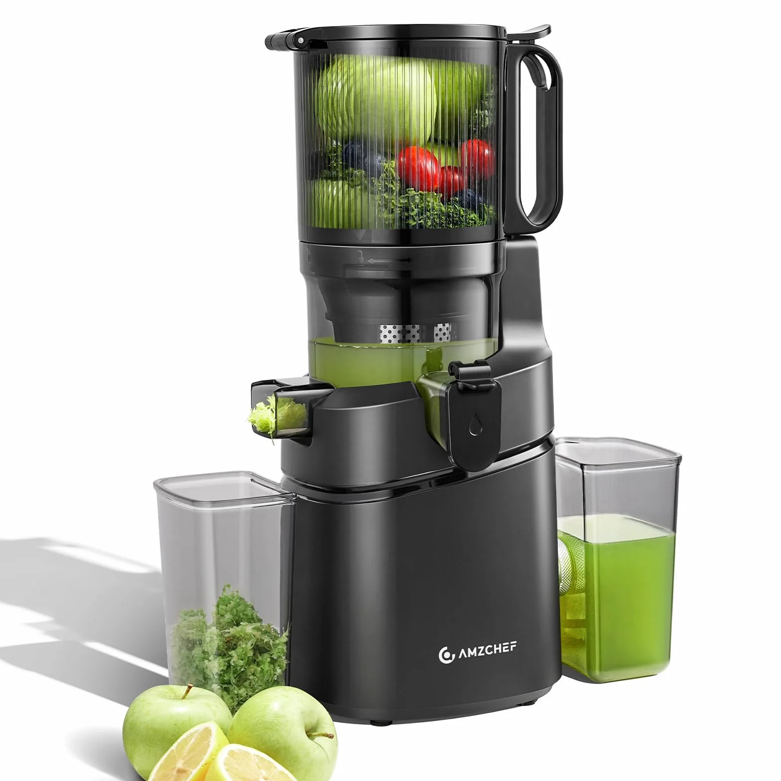 AMZCHEF Extractor de Zumos y Verduras Automático, 145MM Apertura y 1,8L Capacidad Licuadora para Verduras y Frutas Entera, 250W Licuadora Prensado en Frio Lento con Triple Filtro - Negro