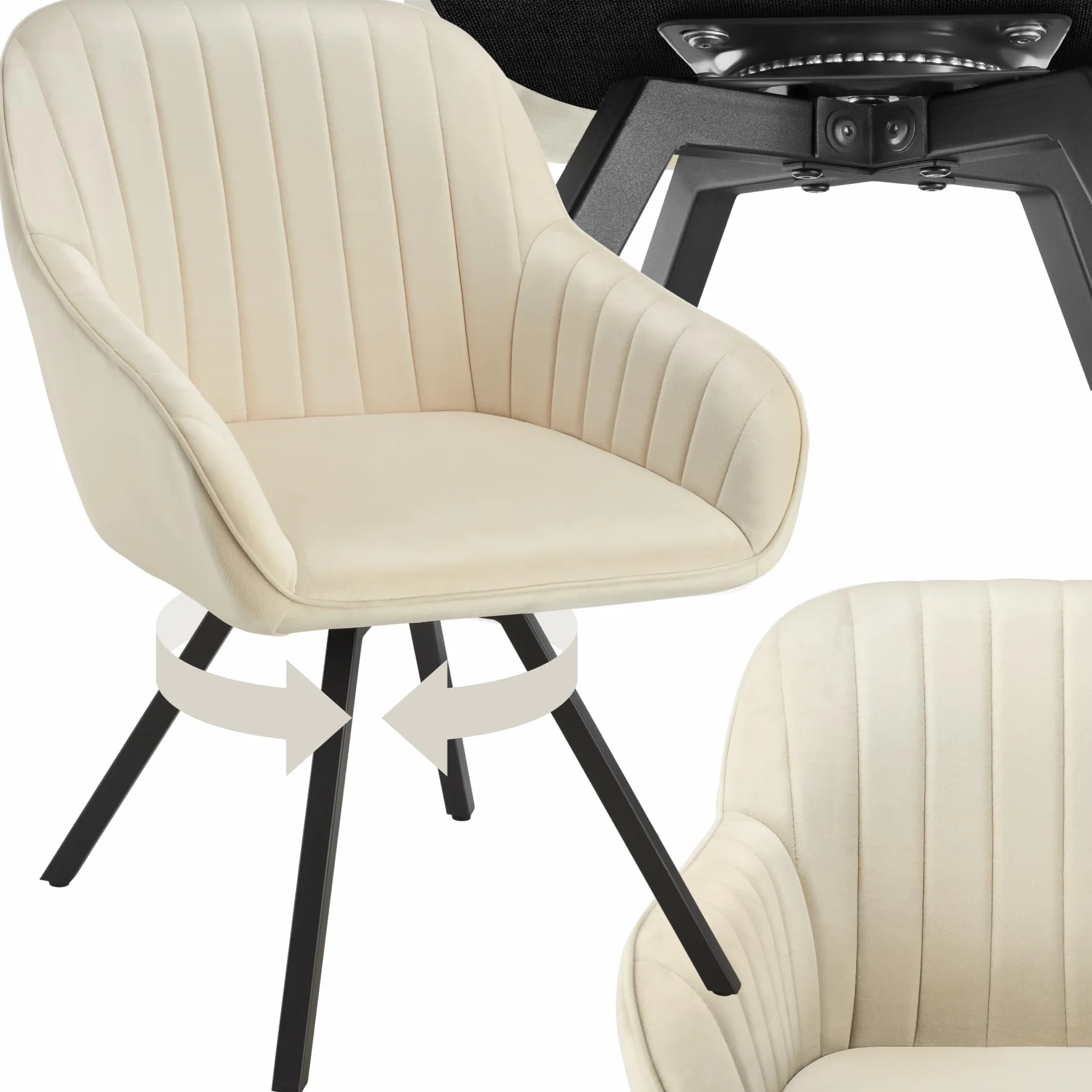 tectake® Sillas de Comedor Giratorias con Funda de Terciopelo, Acolchada, Respaldo Continuo, Silla Dormitorio, Silla con reposabrazos, sillas nordicas, Muebles Salon Modernos - 1 Silla Crema