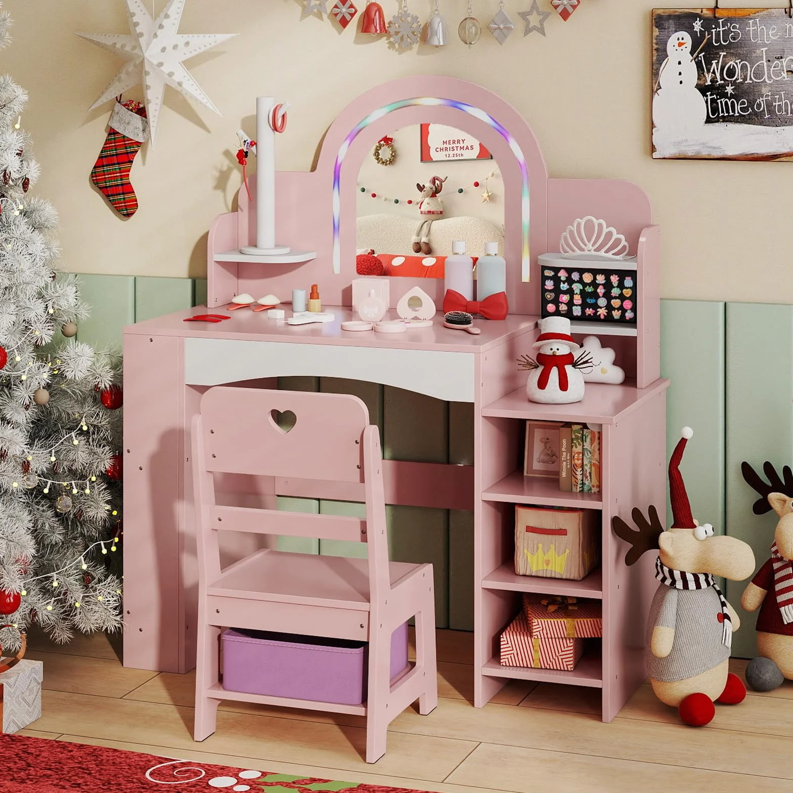 COSTWAY Tocador Niña con Espejo y Luces, Mesa de Maquillaje con Estantes y Caja de Tela, Rosa