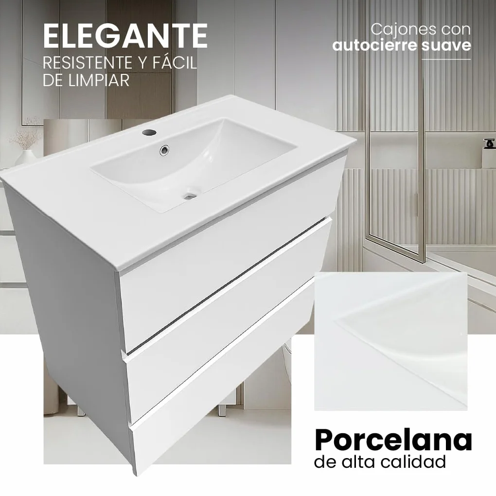 Mueble Baño con Lavabo 80 cm Compacto Preinstalado con Pie de Porcelana